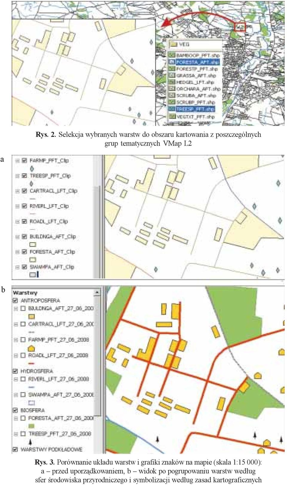 Porównanie uk³adu warstw i grafiki znaków na mapie (skala 1:15 000): a przed uporz¹dkowaniem, b widok