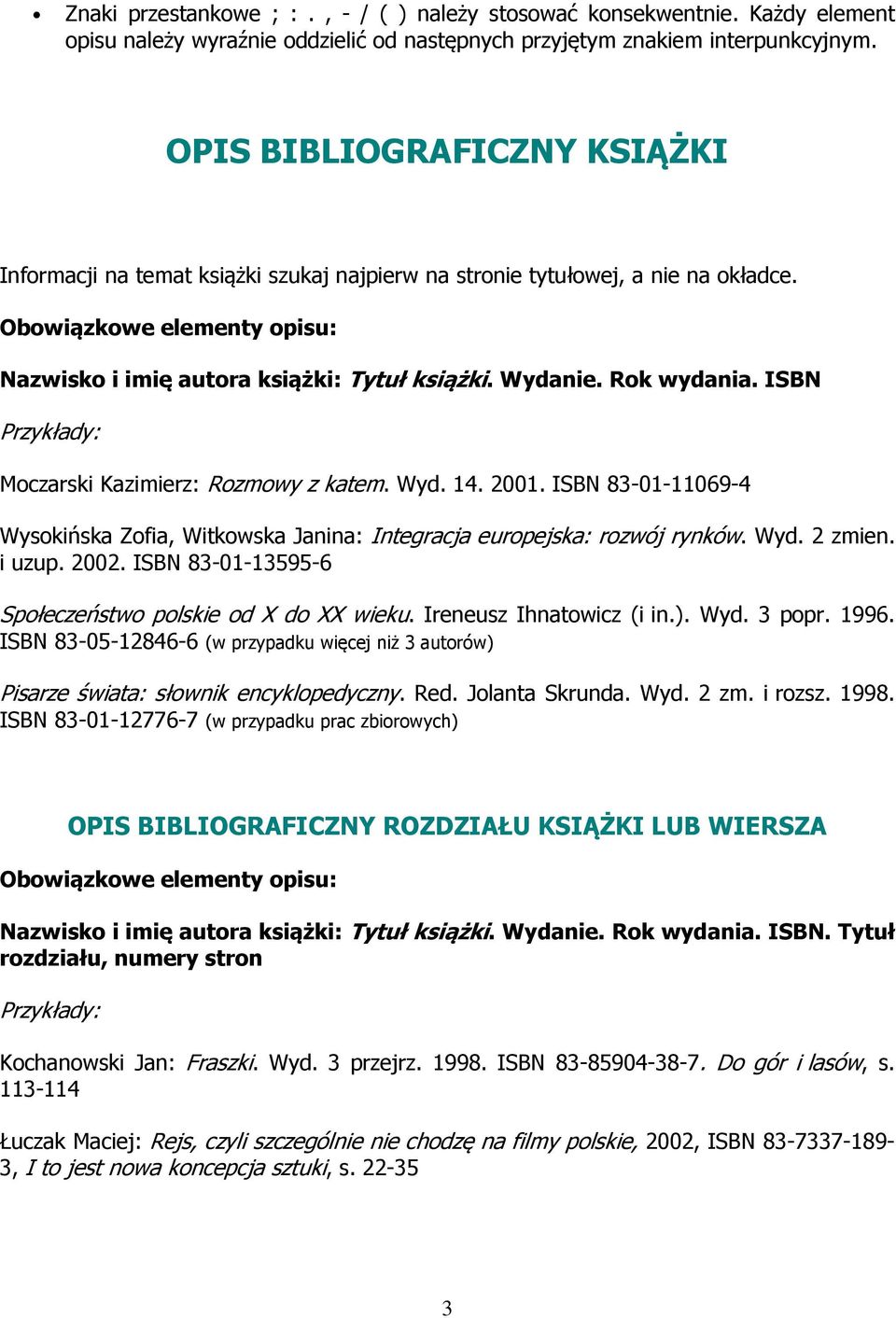 ISBN Moczarski Kazimierz: Rozmowy z katem. Wyd. 14. 2001. ISBN 83-01-11069-4 Wysokińska Zofia, Witkowska Janina: Integracja europejska: rozwój rynków. Wyd. 2 zmien. i uzup. 2002.