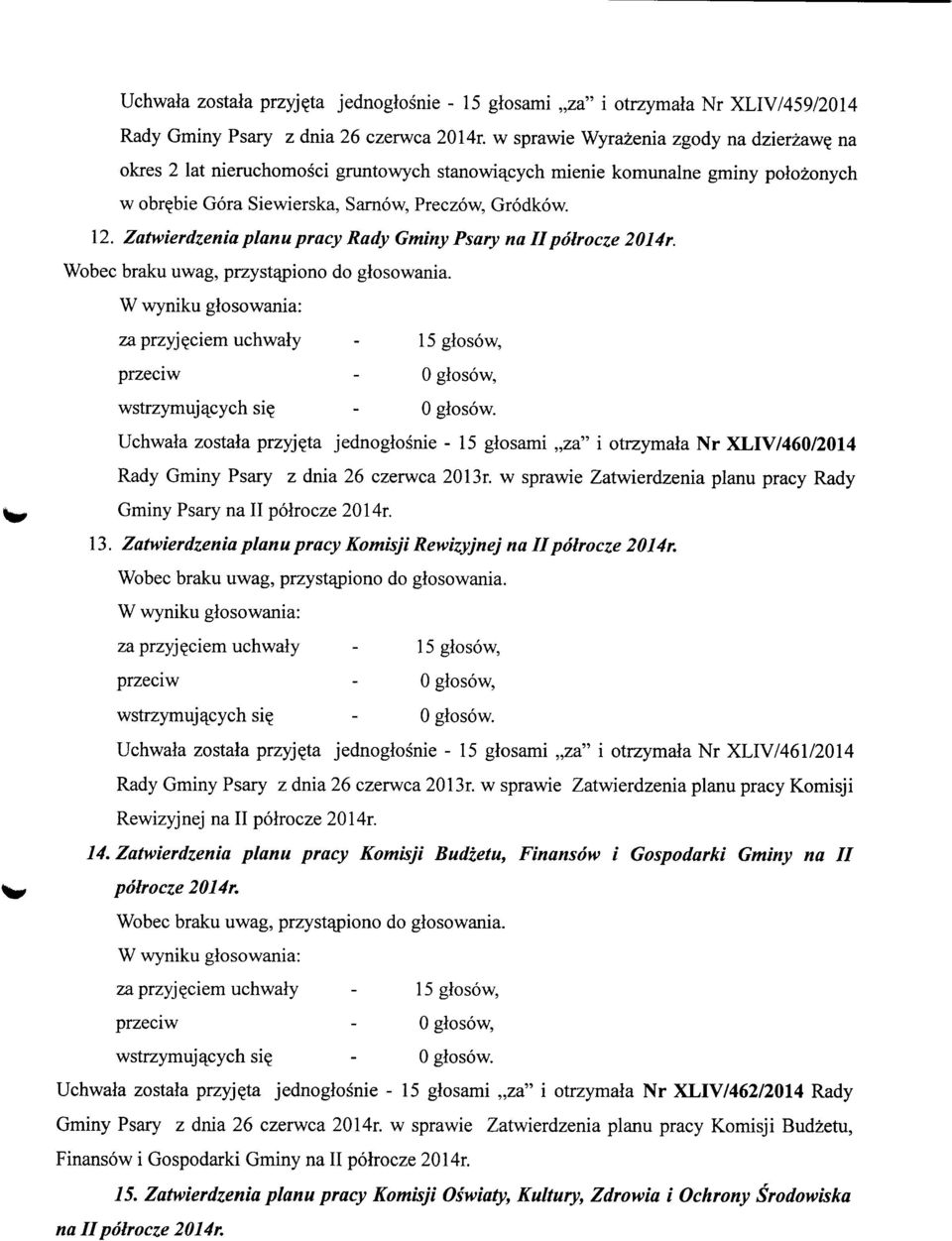 Zatwierdzenia planu pracy Rady Gminy Psary na IIpolrocze 2014r. Wobec braku uwag, przystapiono do glosowania. zaprzyj?