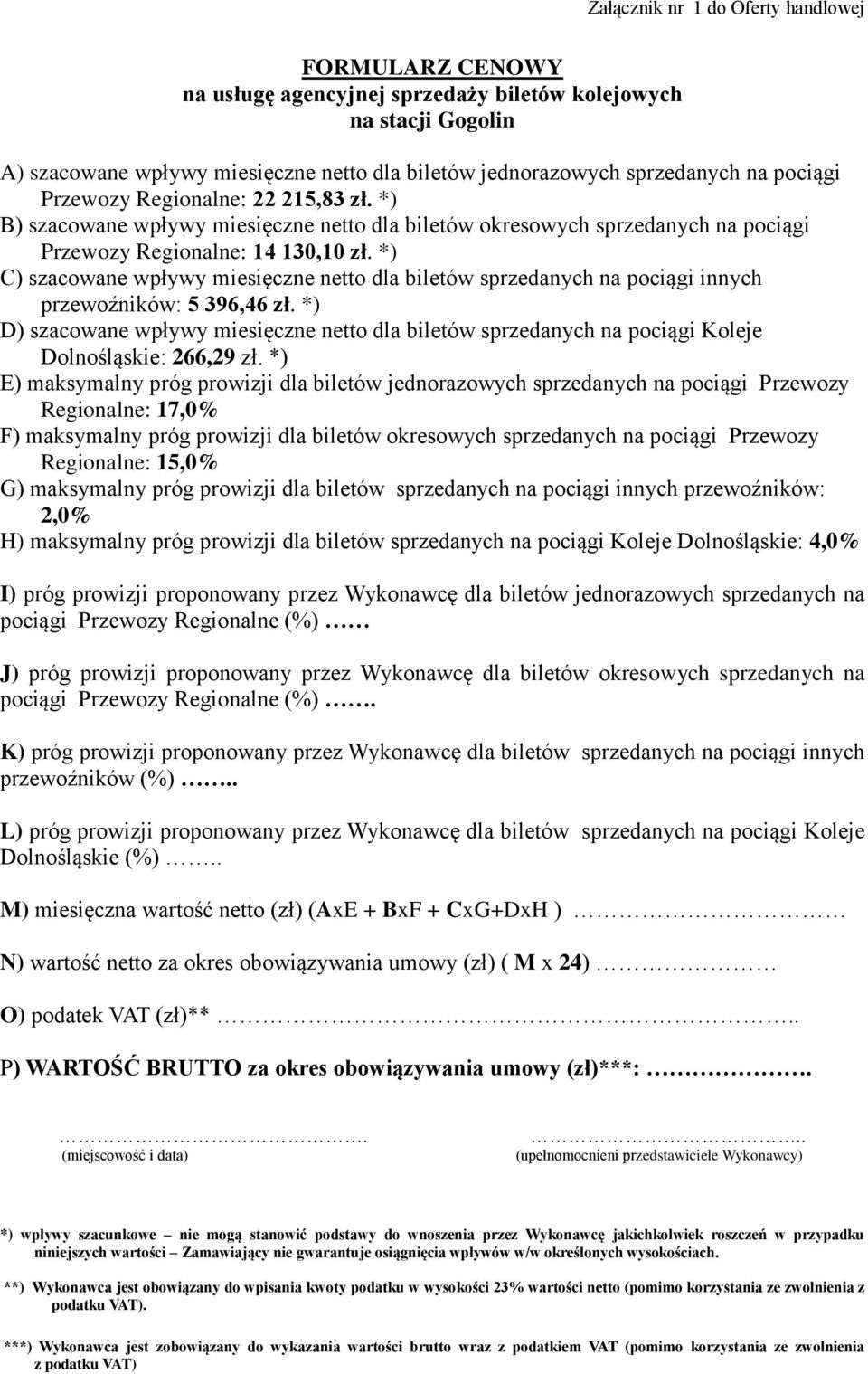 *) C) szacowane wpływy miesięczne netto dla biletów sprzedanych na pociągi innych przewoźników: 5 396,46 zł.