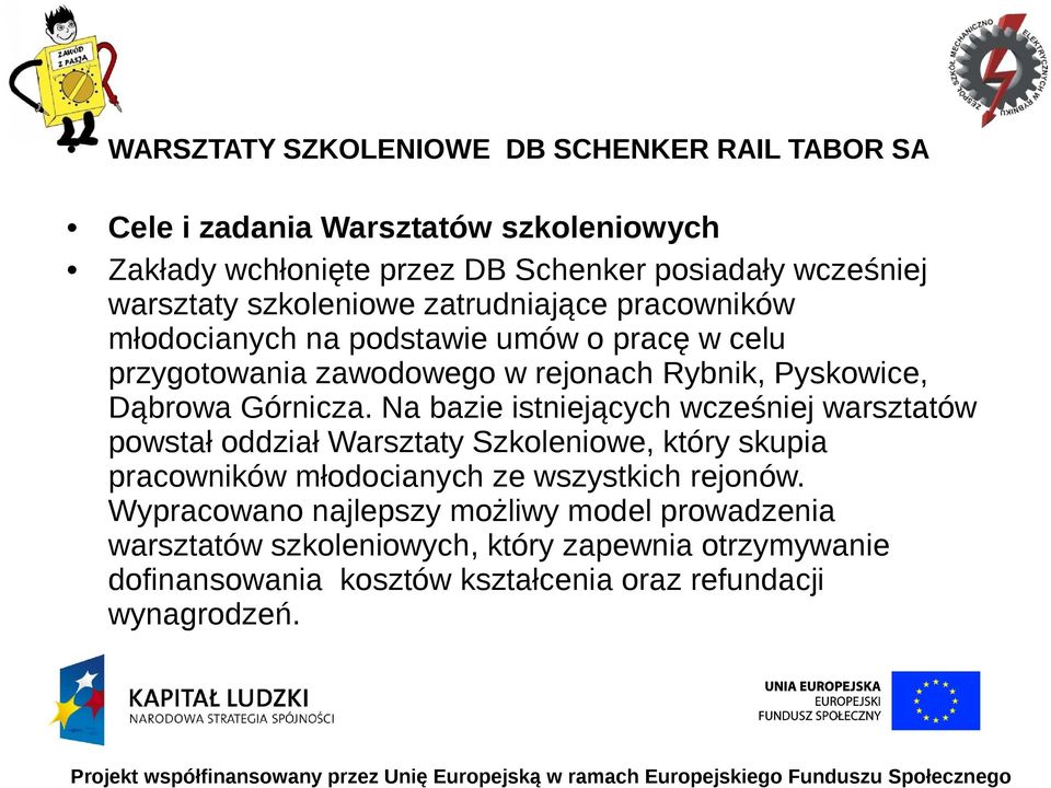 Górnicza. Na bazie istniejących wcześniej warsztatów powstał oddział Warsztaty Szkoleniowe, który skupia pracowników młodocianych ze wszystkich rejonów.
