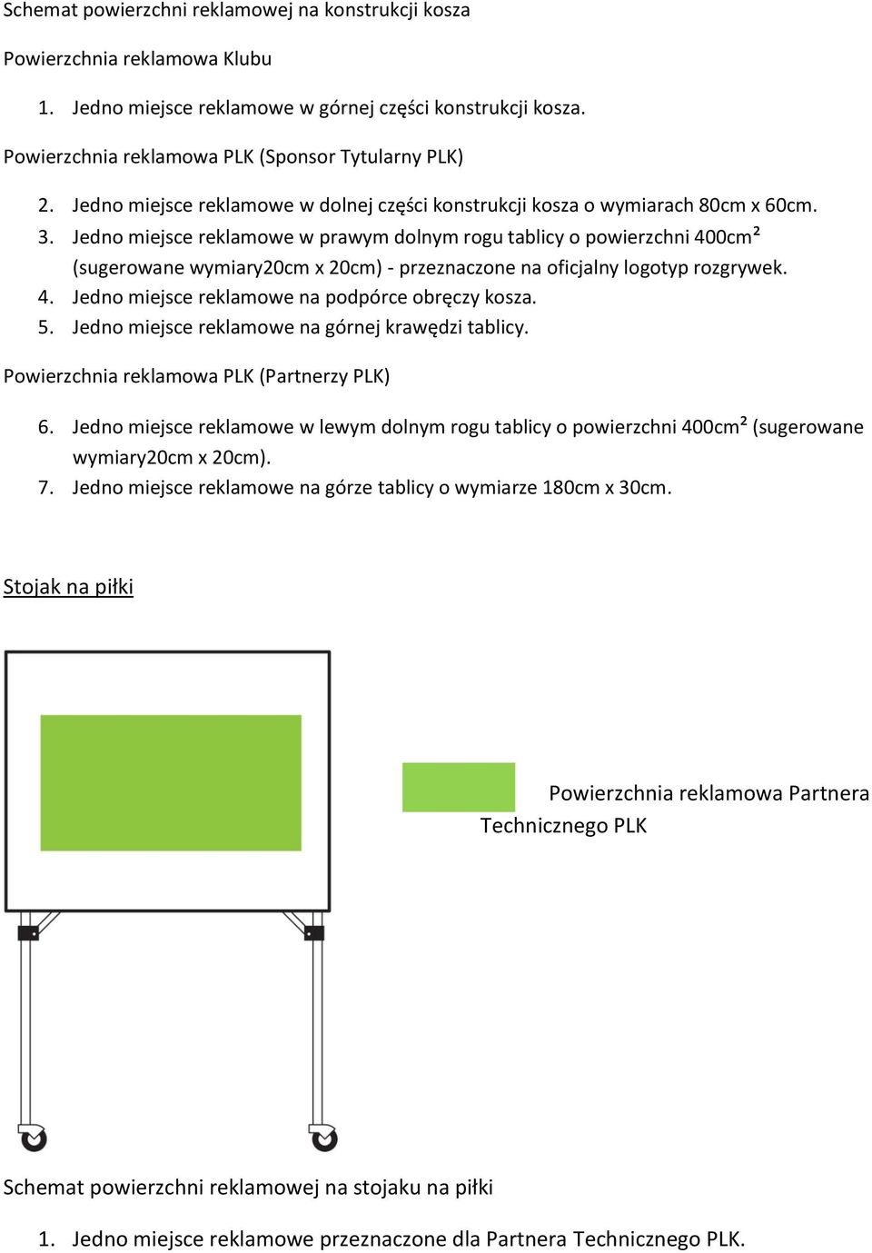 Jedno miejsce reklamowe w prawym dolnym rogu tablicy o powierzchni 400cm² (sugerowane wymiary20cm x 20cm) - przeznaczone na oficjalny logotyp rozgrywek. 4. Jedno miejsce reklamowe na podpórce obręczy kosza.