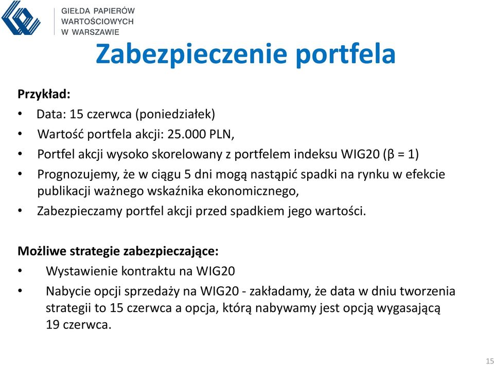 efekcie publikacji ważnego wskaźnika ekonomicznego, Zabezpieczamy portfel akcji przed spadkiem jego wartości.