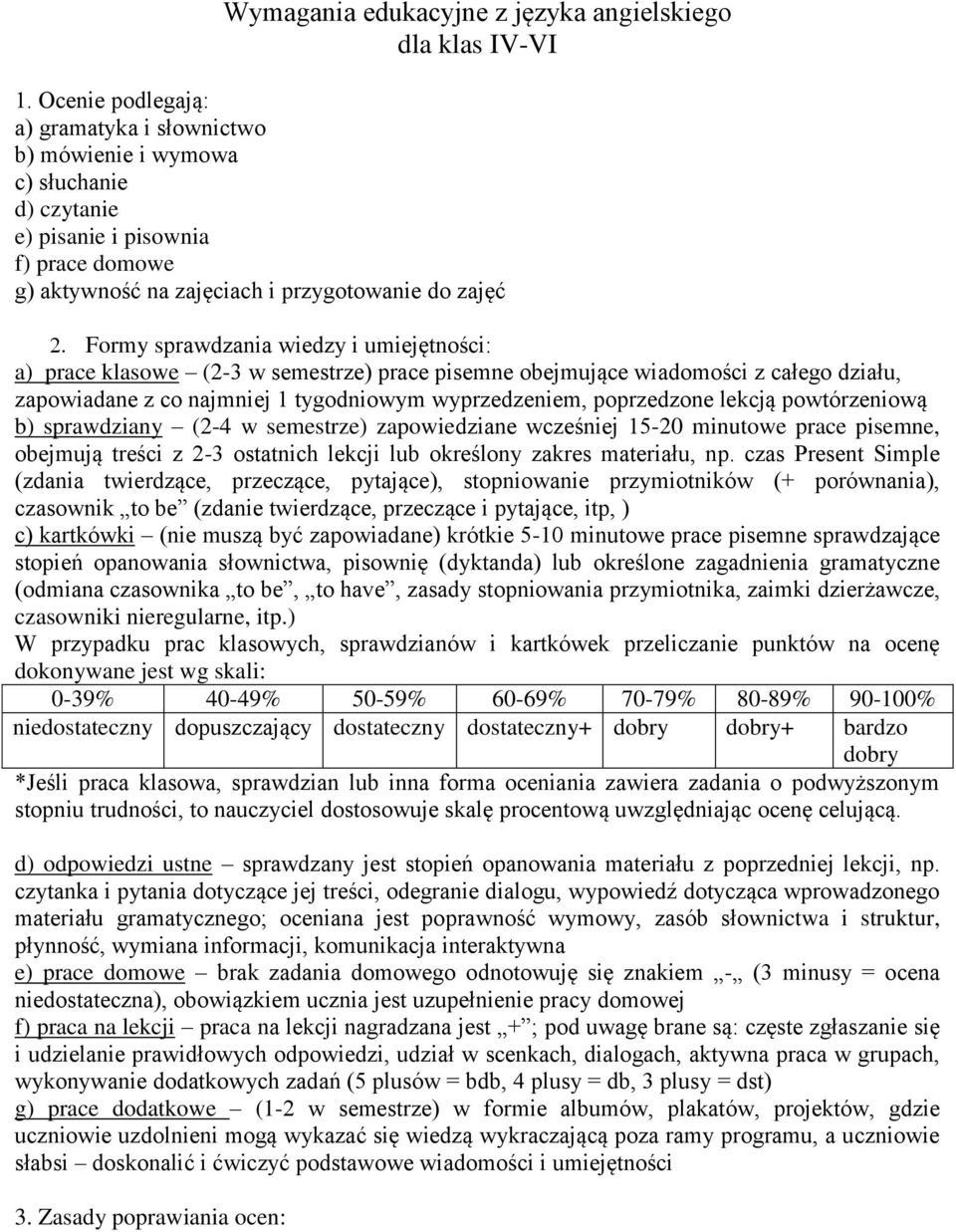 wiedzy i umiejętności: a) prace klasowe (2-3 w semestrze) prace pisemne obejmujące wiadomości z całego działu, zapowiadane z co najmniej 1 tygodniowym wyprzedzeniem, poprzedzone lekcją powtórzeniową