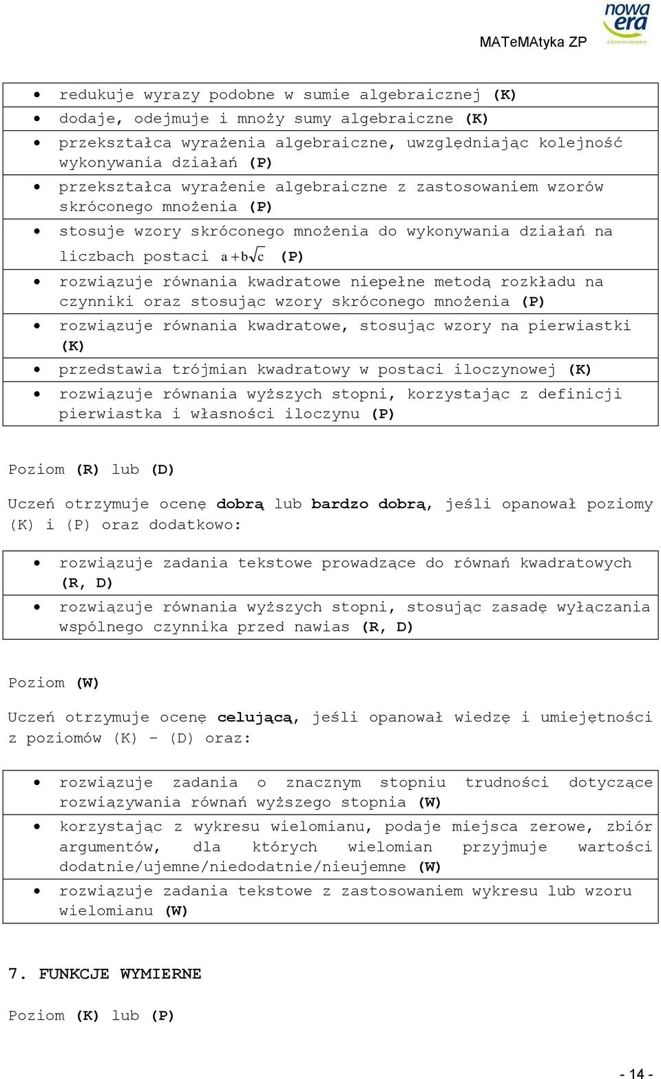 rozkładu na czynniki oraz stosując wzory skróconego mnożenia rozwiązuje równania kwadratowe, stosując wzory na pierwiastki (K) przedstawia trójmian kwadratowy w postaci iloczynowej (K) rozwiązuje