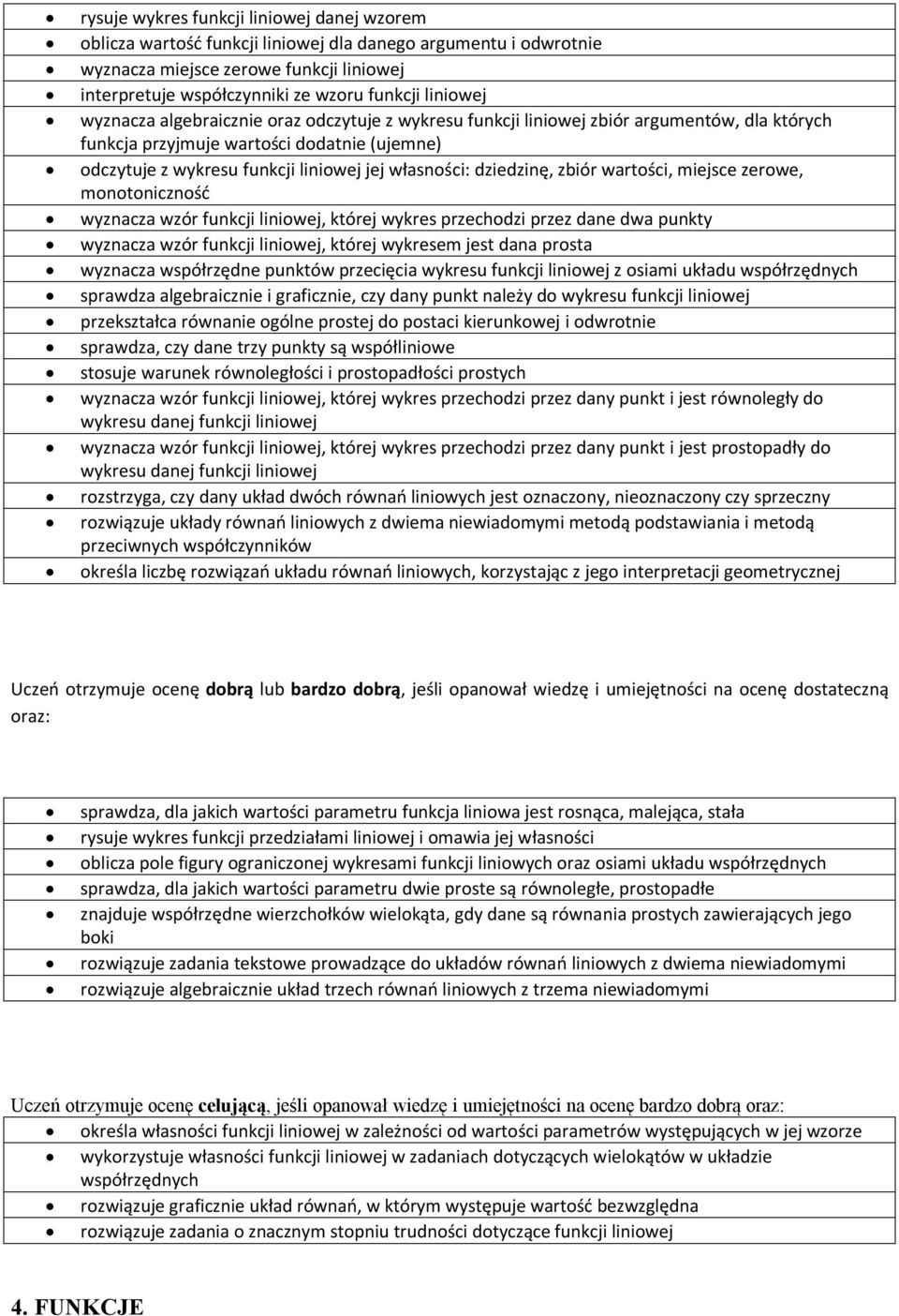 własności: dziedzinę, zbiór wartości, miejsce zerowe, monotoniczność wyznacza wzór funkcji liniowej, której wykres przechodzi przez dane dwa punkty wyznacza wzór funkcji liniowej, której wykresem
