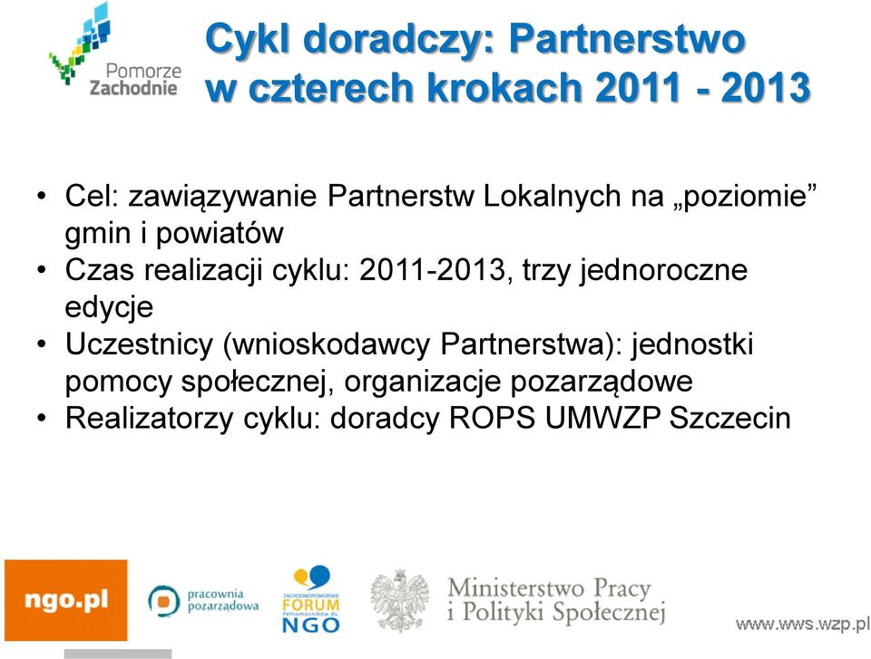 2011-2013, trzy jednoroczne edycje Uczestnicy (wnioskodawcy Partnerstwa):