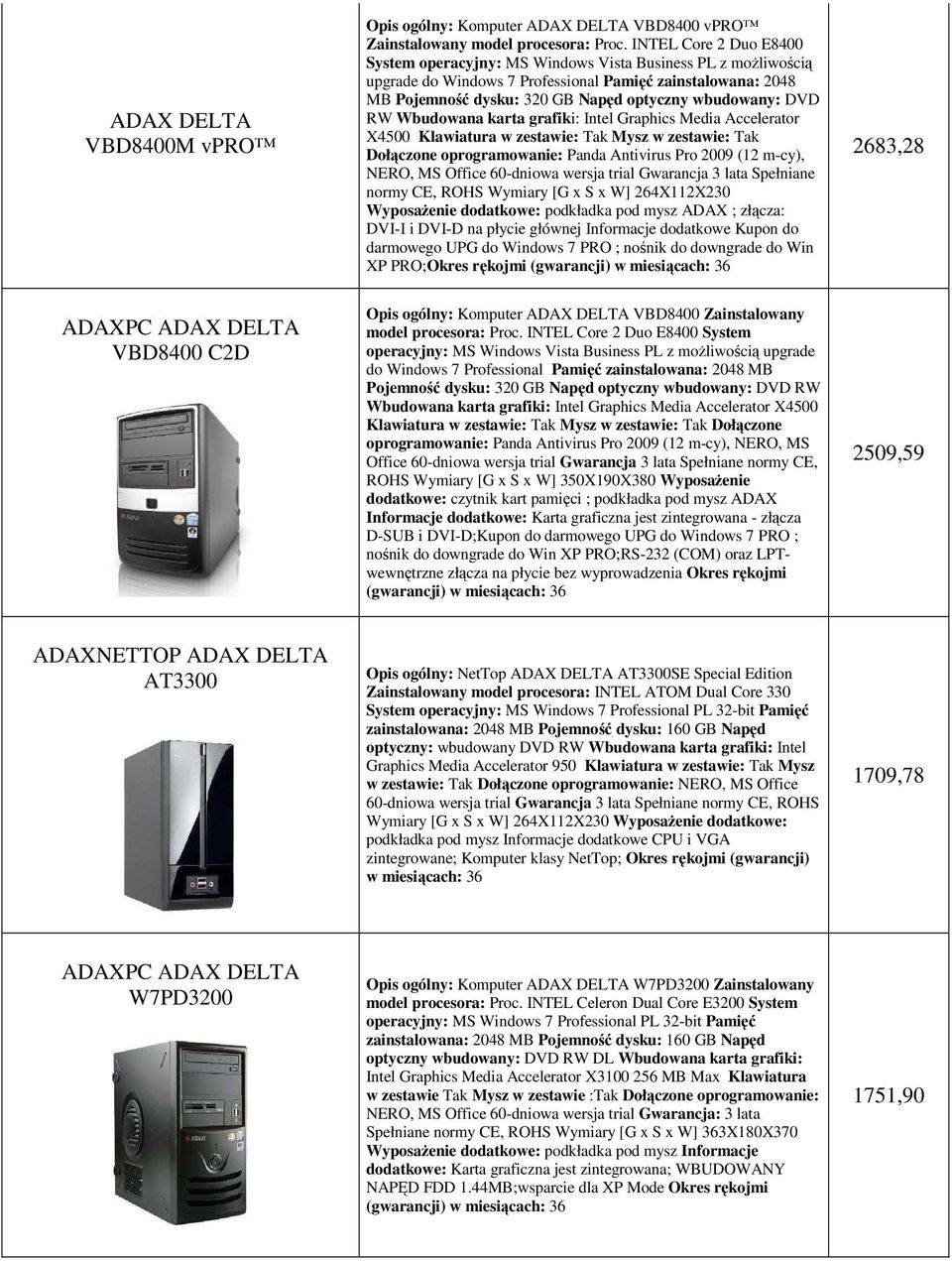 DVD RW Wbudowana karta grafiki: Intel Graphics Media Accelerator X4500 Klawiatura w zestawie: Tak Mysz w zestawie: Tak NERO, MS Office 60-dniowa wersja trial Gwarancja 3 lata Spełniane normy CE, ROHS