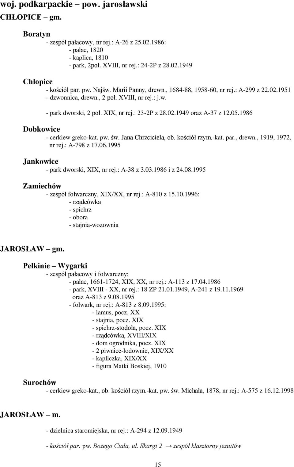 1986 Dobkowice - cerkiew greko-kat. pw. św. Jana Chrzciciela, ob. kościół rzym.-kat. par., drewn., 1919, 1972, nr rej.: A-798 z 17.06.1995 Jankowice dworski, XIX, nr rej.: A-38 z 3.03.1986 i z 24.08.