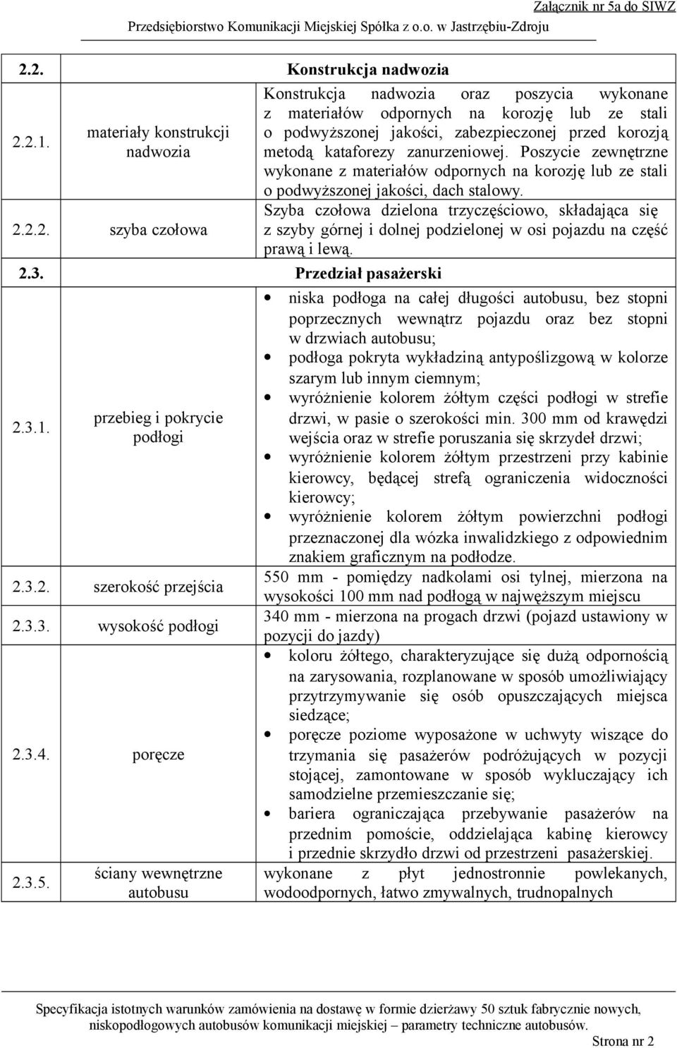 ściany wewnętrzne autobusu Konstrukcja nadwozia oraz poszycia wykonane z materiałów odpornych na korozję lub ze stali o podwyższonej jakości, zabezpieczonej przed korozją metodą kataforezy