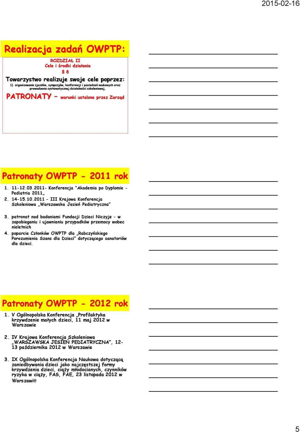 2011 - III Krajowa Konferencja Szkoleniowa Warszawska Jesień Pediatryczna 3. patronat nad badaniami Fundacji Dzieci Niczyje - w zapobieganiu i ujawnianiu przypadków przemocy wobec nieletnich 4.