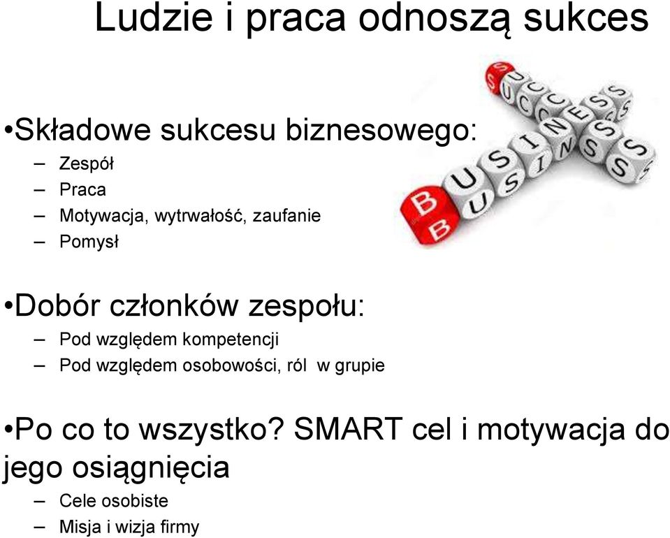 względem kompetencji Pod względem osobowości, ról w grupie Po co to
