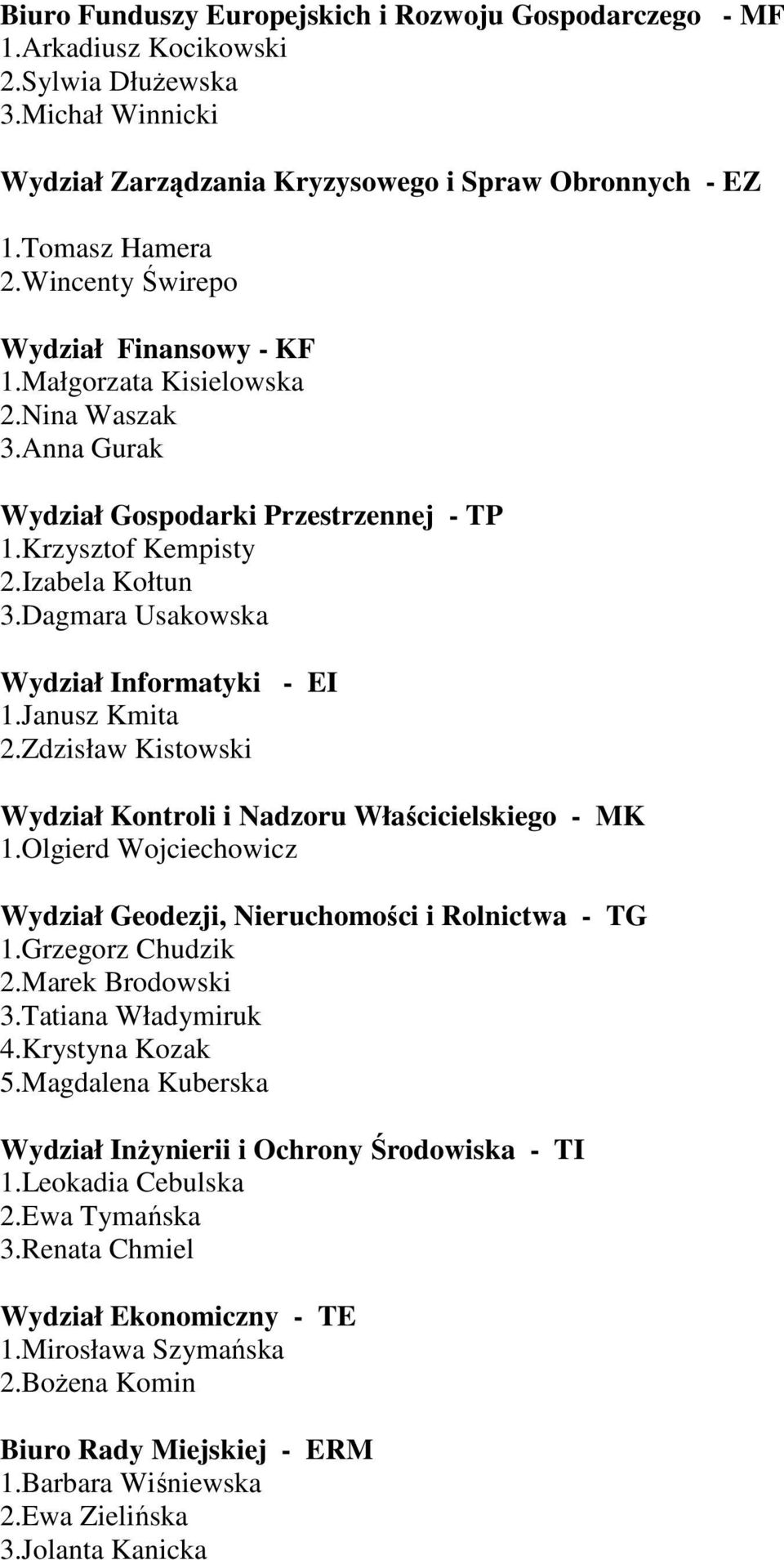 Dagmara Usakowska Wydział Informatyki - EI 1.Janusz Kmita 2.Zdzisław Kistowski Wydział Kontroli i Nadzoru Właścicielskiego - MK 1.