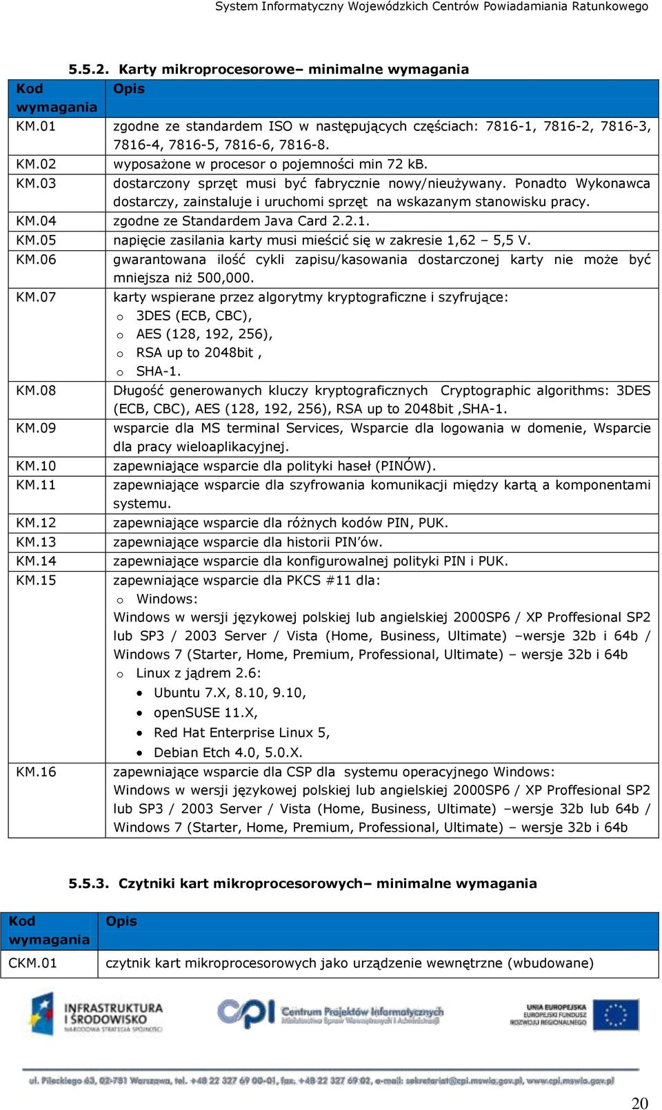 04 zgodne ze Standardem Java Card 2.2.1. KM.05 napięcie zasilania karty musi mieścić się w zakresie 1,62 5,5 V. KM.06 KM.07 KM.08 KM.09 KM.10 KM.11 KM.12 KM.13 KM.14 KM.15 KM.