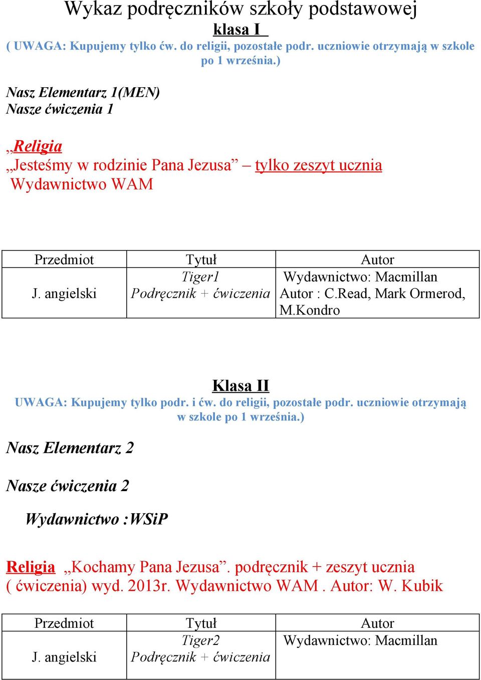 Wydawnictwo: Macmillan Autor : C.Read, Mark Ormerod, M.Kondro Klasa II UWAGA: Kupujemy tylko podr. i ćw. do religii, pozostałe podr. uczniowie otrzymają w szkole po 1 września.