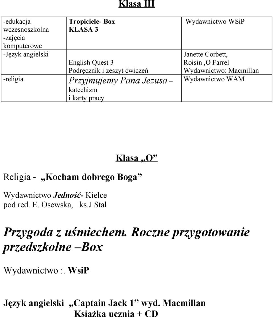 Macmillan Wydawnictwo WAM Klasa O Religia - Kocham dobrego Boga Wydawnictwo Jedność- Kielce pod red. E. Osewska, ks.j.