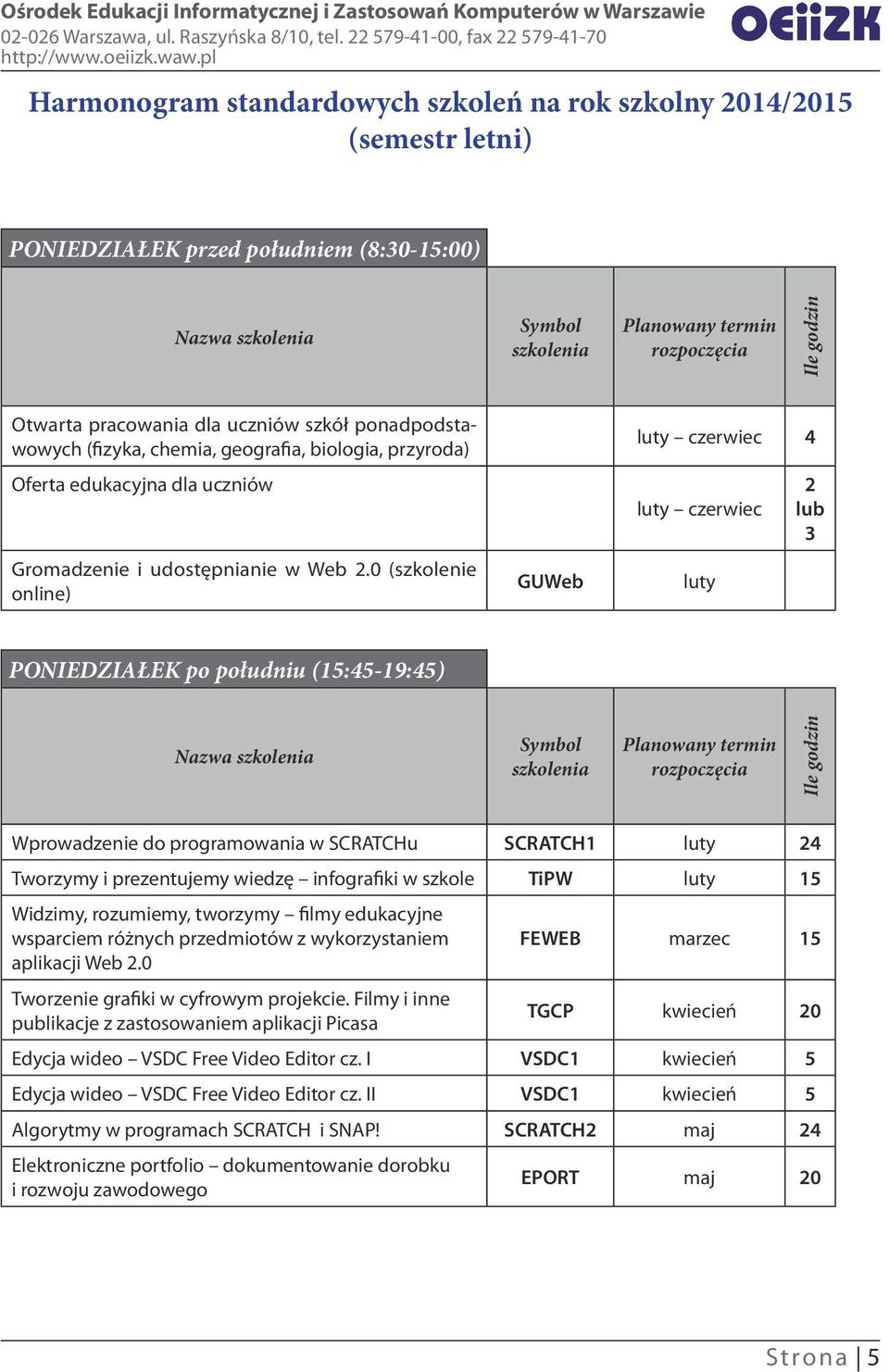 0 (szkolenie online) GUWeb luty czerwiec 4 luty czerwiec luty 2 lub 3 PONIEDZIAŁEK po południu (15:45-19:45) Nazwa szkolenia Symbol szkolenia Planowany termin rozpoczęcia Ile godzin Wprowadzenie do