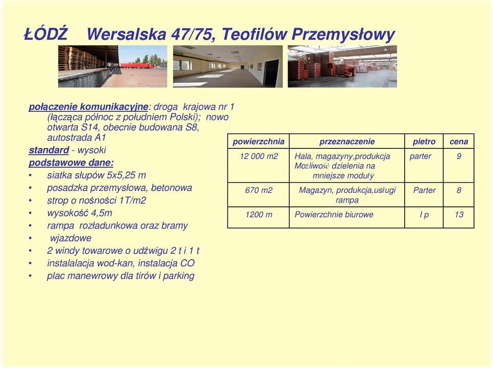 rozładunkowa oraz bramy wjazdowe 2 windy towarowe o udźwigu 2 t i 1 t instalalacja wod-kan, instalacja CO plac manewrowy dla tirów i parking powierzchnia 12 000