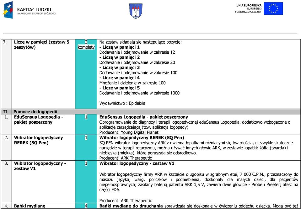 : Epideixis II Pomoce do logopedii 1. EduSensus Logopedia - pakiet poszerzony 2. Wibrator logopedyczny REREK (SQ Pen) 3.