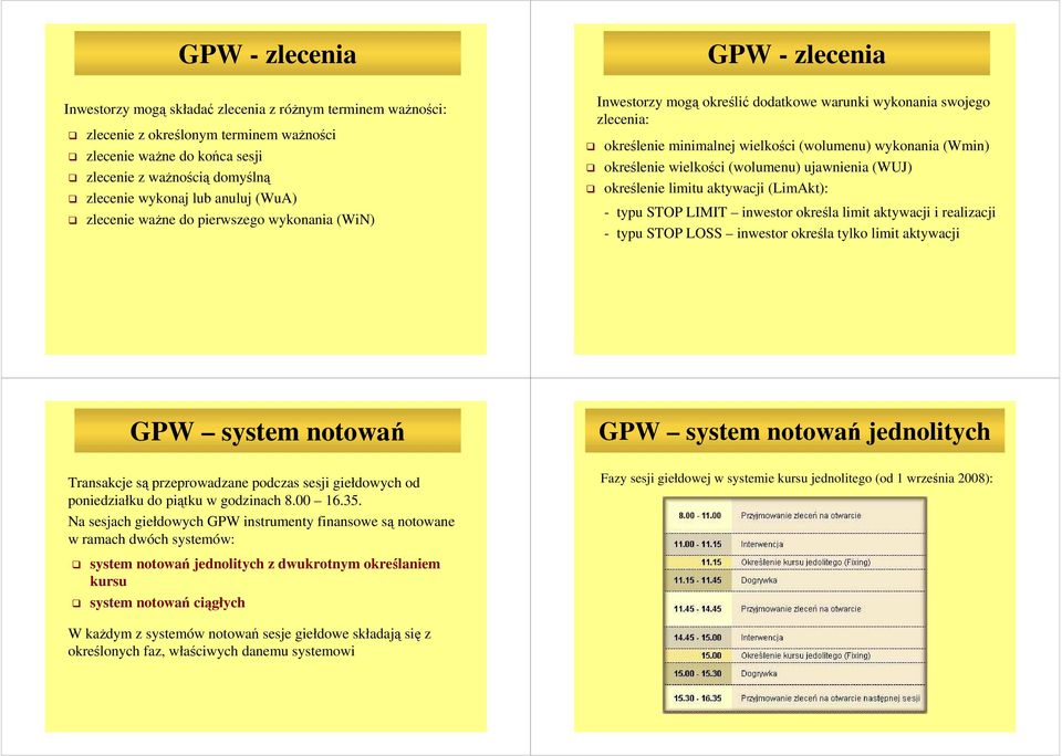 (wolumenu) ujawnienia (WUJ) określenie limitu aktywacji (LimAkt): - typu STOP LIMIT inwestor określa limit aktywacji i realizacji - typu STOP LOSS inwestor określa tylko limit aktywacji GPW system