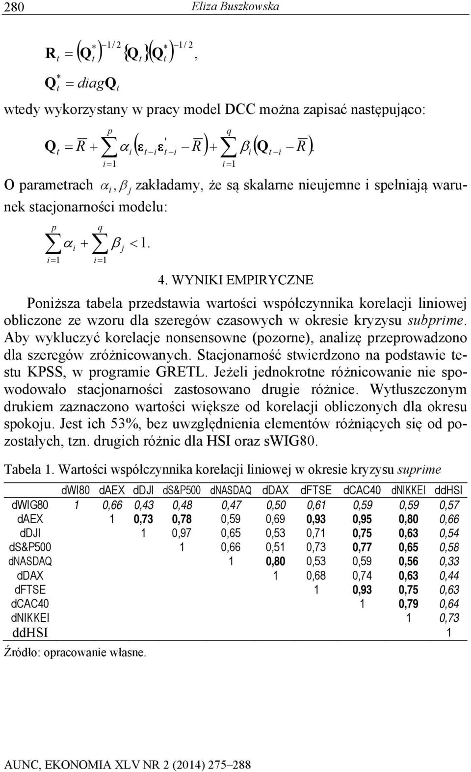 WYNIKI EMPIRYCZNE Poniższa abela przedsawia warości współczynnika korelacji liniowej obliczone ze wzoru dla szeregów czasowych w okresie kryzysu subprime.