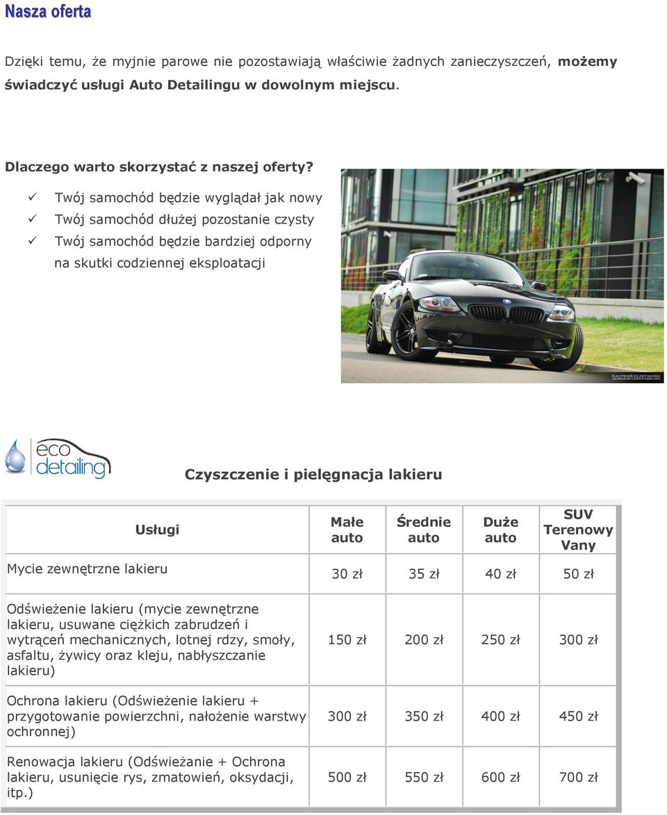 zewnętrzne lakieru Odświeżenie lakieru (mycie zewnętrzne lakieru, usuwane ciężkich zabrudzeń i wytrąceń mechanicznych, lotnej rdzy, smoły, asfaltu, żywicy oraz kleju, nabłyszczanie lakieru) Ochrona