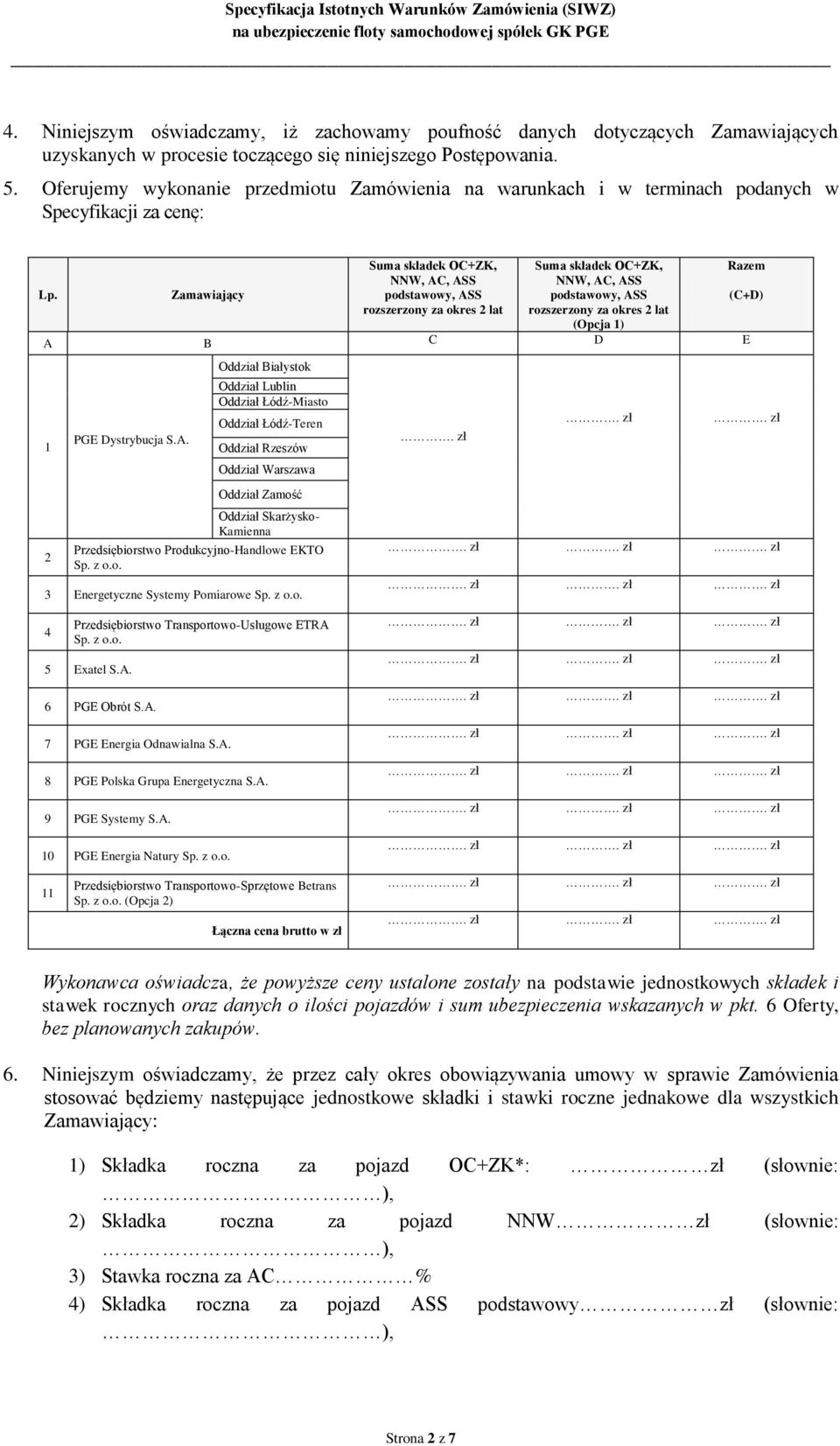 Zamawiający Suma składek OC+ZK, NNW, AC, ASS podstawowy, ASS Suma składek OC+ZK, NNW, AC, ASS podstawowy, ASS Razem (C+D) rozszerzony za okres 2 lat rozszerzony za okres 2 lat (Opcja 1) A B C D E 1 2