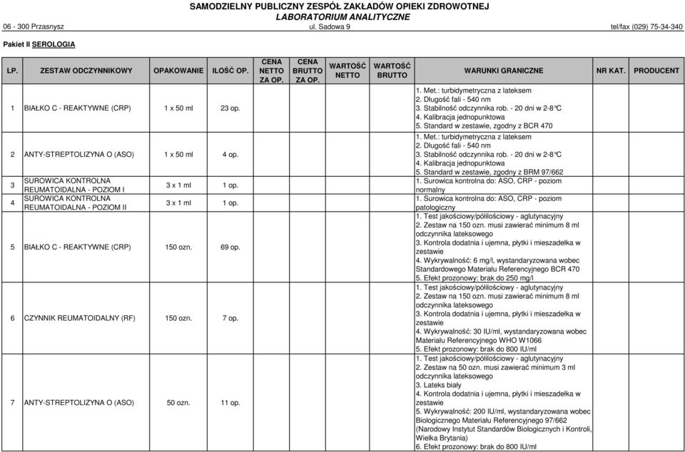 6 CZYNNIK REUMATOIDALNY (RF) 150 ozn. 7 op. 7 ANTY-STREPTOLIZYNA O (ASO) 50 ozn. 11 op. 1. Met.: turbidymetryczna z lateksem 2. Długość fali - 540 nm 3. Stabilność odczynnika rob. - 20 dni w 2-8 C 4.