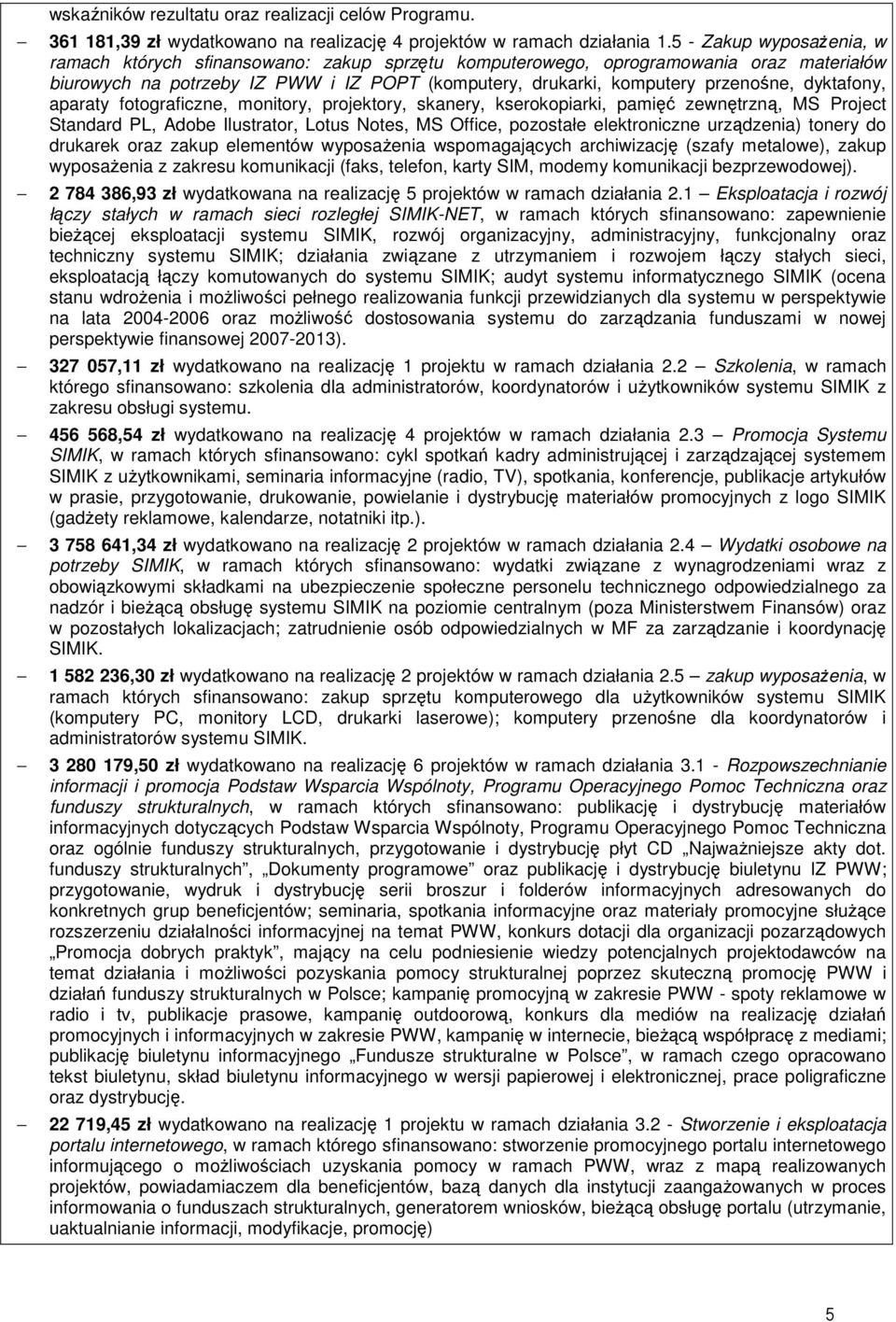 dyktafony, aparaty fotograficzne, monitory, projektory, skanery, kserokopiarki, pamięć zewnętrzną, MS Project Standard PL, Adobe Ilustrator, Lotus Notes, MS Office, pozostałe elektroniczne