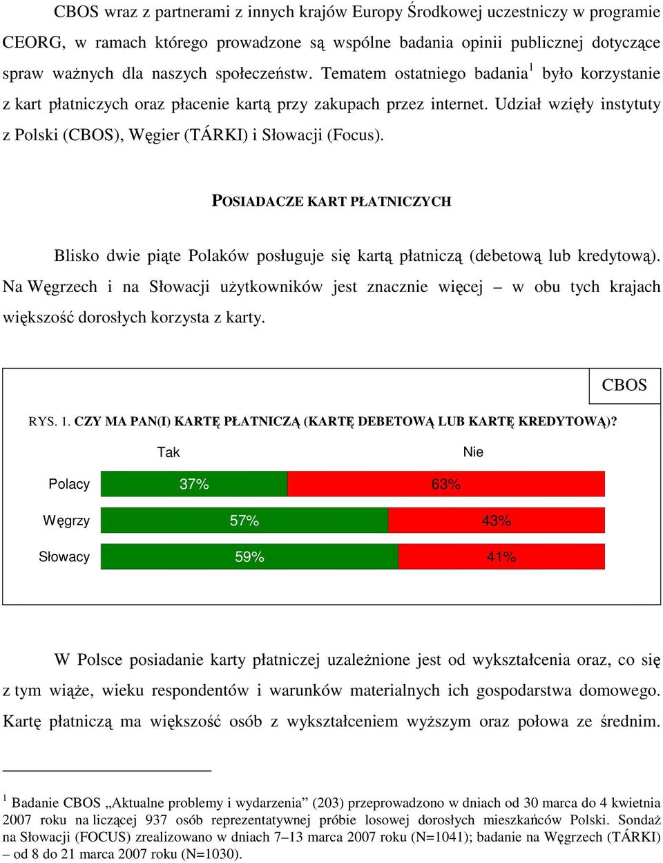 Udział wzięły instytuty z Polski (CBOS), Węgier (TÁRKI) i Słowacji (Focus). POSIADACZE KART PŁATNICZYCH Blisko dwie piąte Polaków posługuje się kartą płatniczą (debetową lub kredytową).