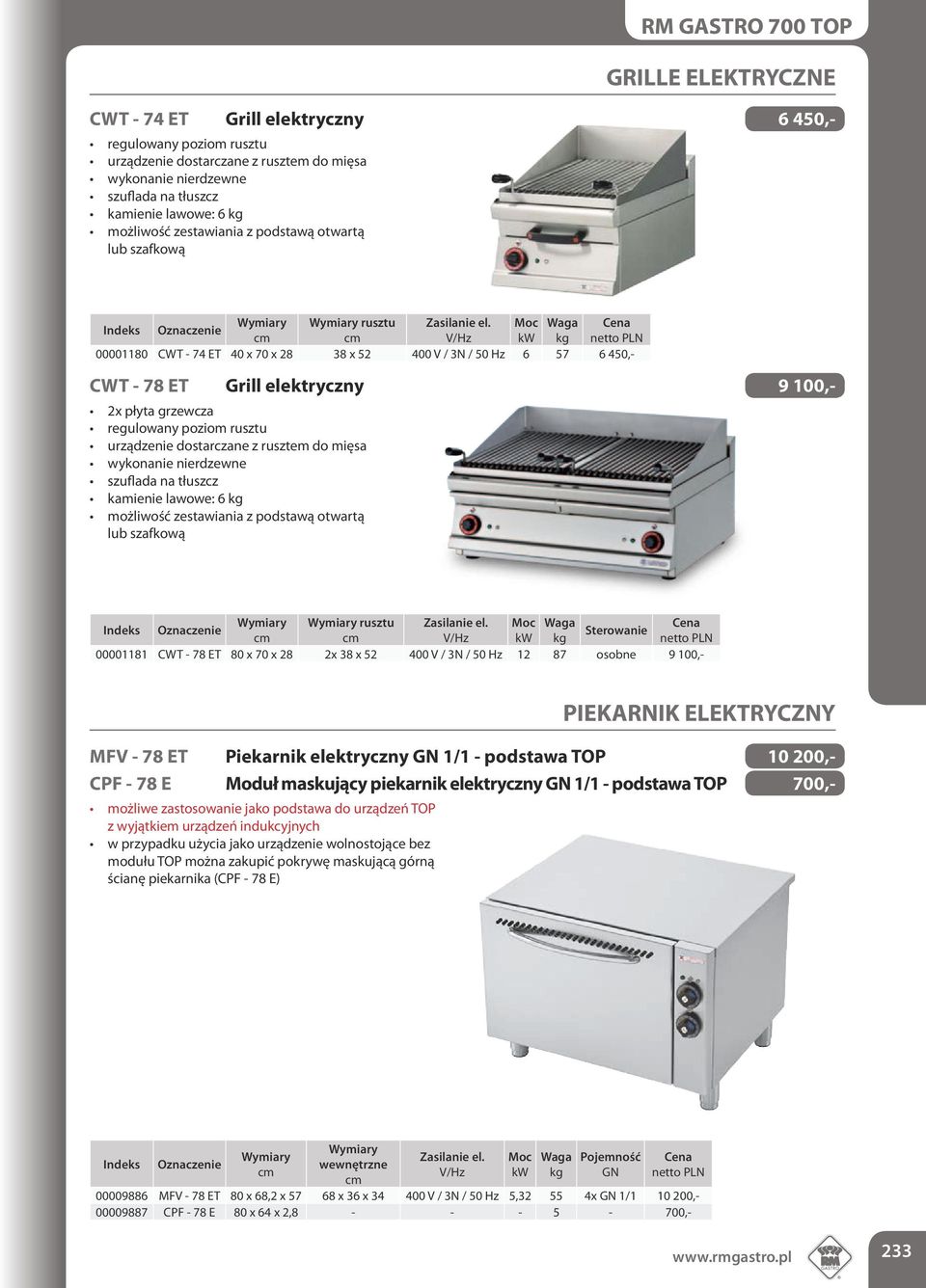 Sterowanie 00001181 CWT - 78 ET 80 x 70 x 28 2x 38 x 52 400 V / 3N / 50 Hz 12 87 osobne 9 100,- MFV - 78 ET Piekarnik eektryczny GN 1/1 - podstawa TOP 10 200,- CPF - 78 E Moduł maskujący piekarnik