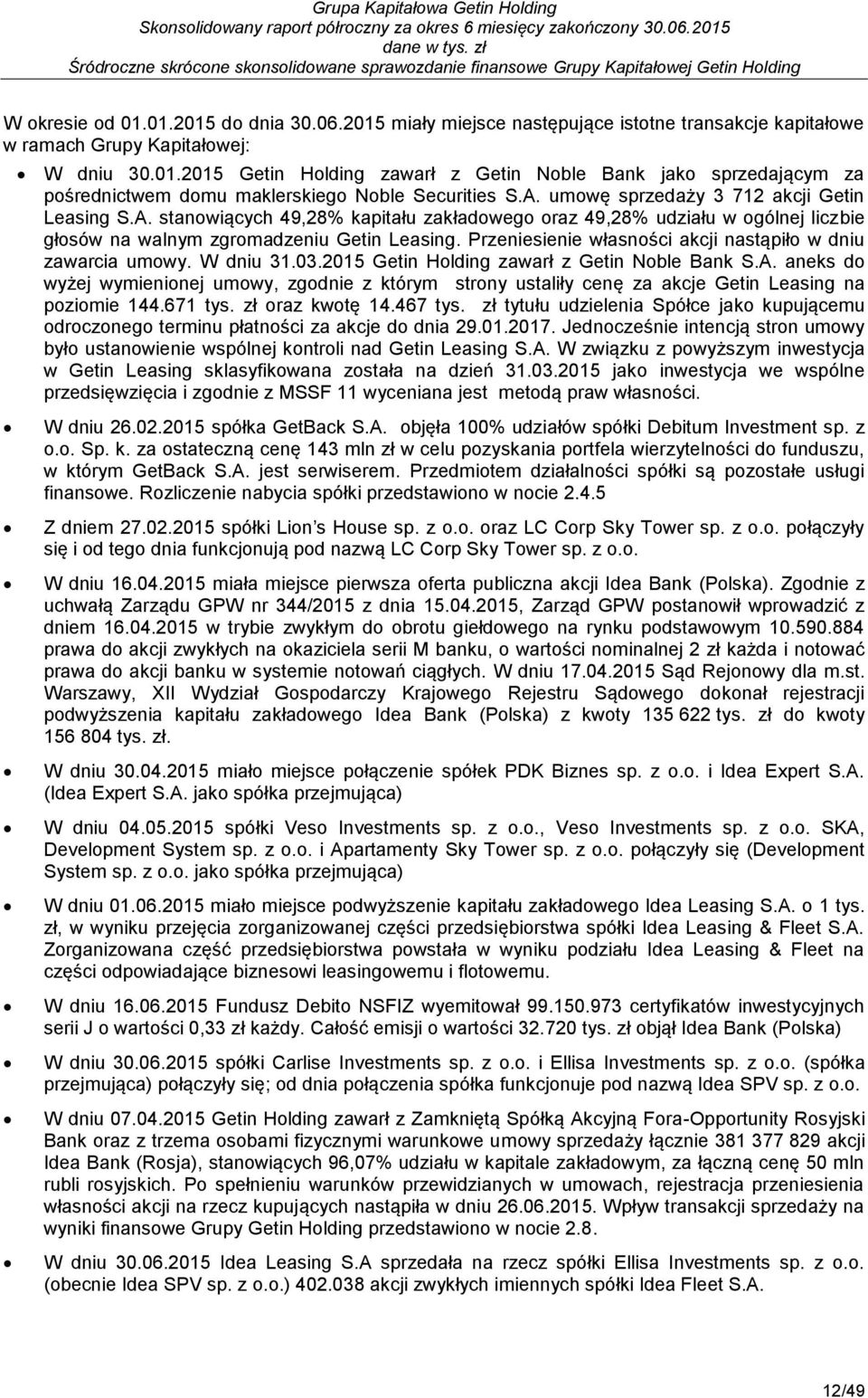 Przeniesienie własności akcji nastąpiło w dniu zawarcia umowy. W dniu 31.03.2015 Getin Holding zawarł z Getin Noble Bank S.A.