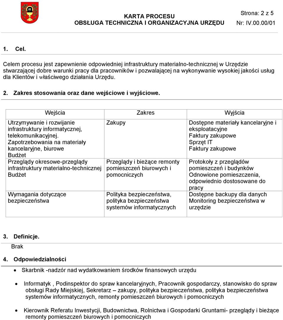 Klientów i właściwego działania Urzędu. 2. Zakres stosowania oraz dane wejściowe i wyjściowe. Wejścia Zakres Wyjścia Utrzymywanie i rozwijanie infrastruktury informatycznej, telekomunikacyjnej.