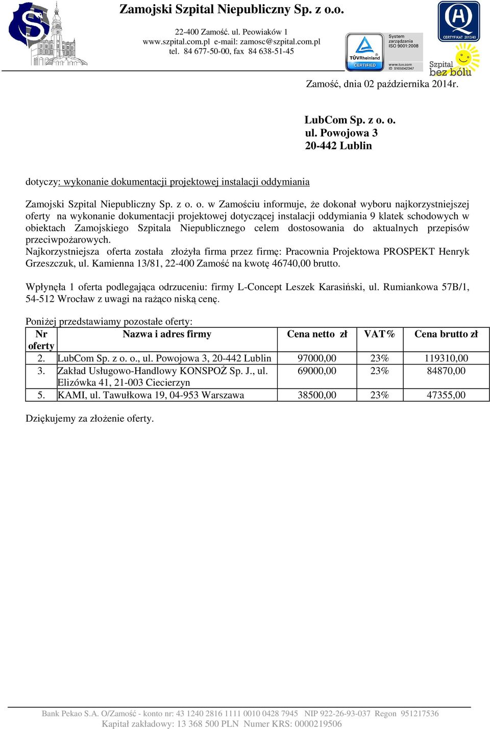 projektowej dotyczącej instalacji oddymiania 9 klatek