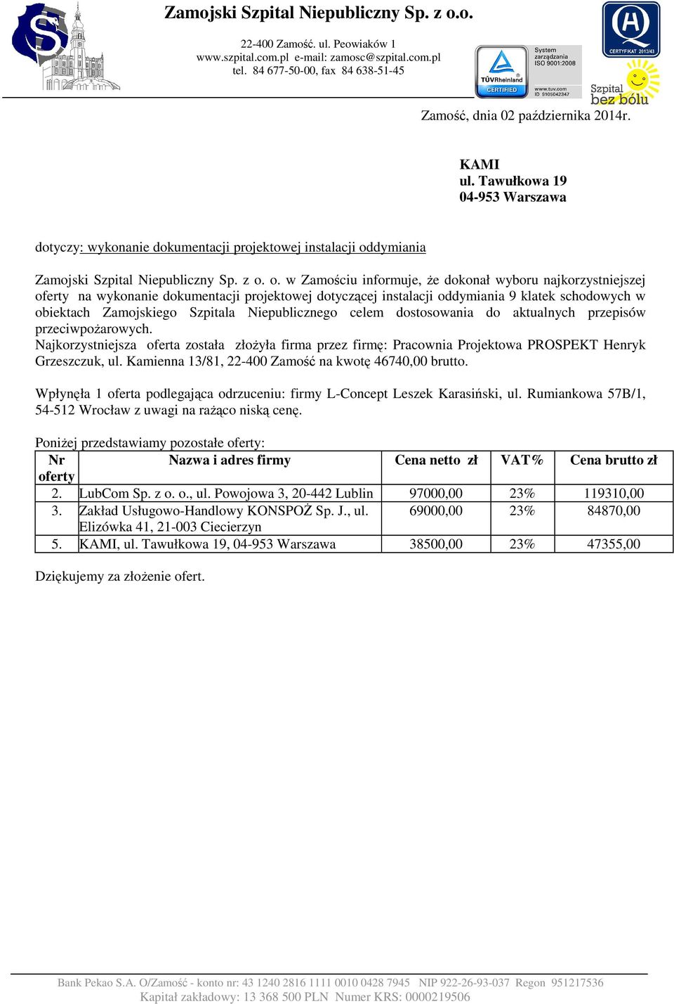 projektowej dotyczącej instalacji oddymiania 9 klatek