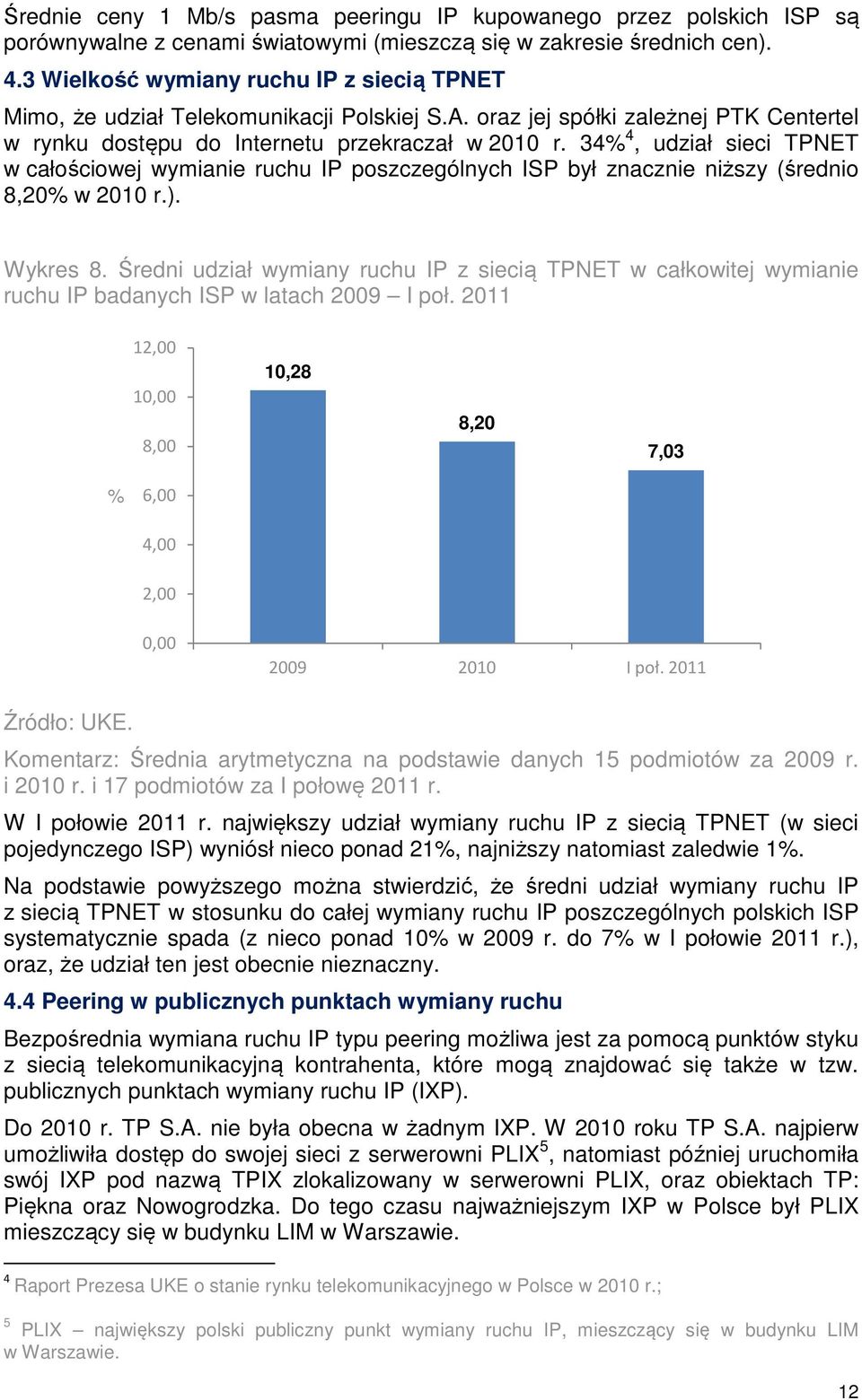 34% 4, udział sieci TPNET w całościowej wymianie ruchu IP poszczególnych ISP był znacznie niższy (średnio 8,20% w 2010 r.). Wykres 8.