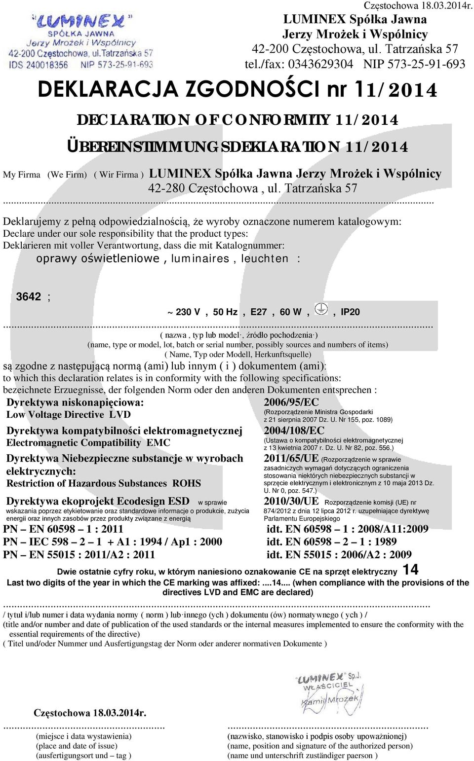 ÜBEREINSTIMMUNGSDEKLARATION 11/2014