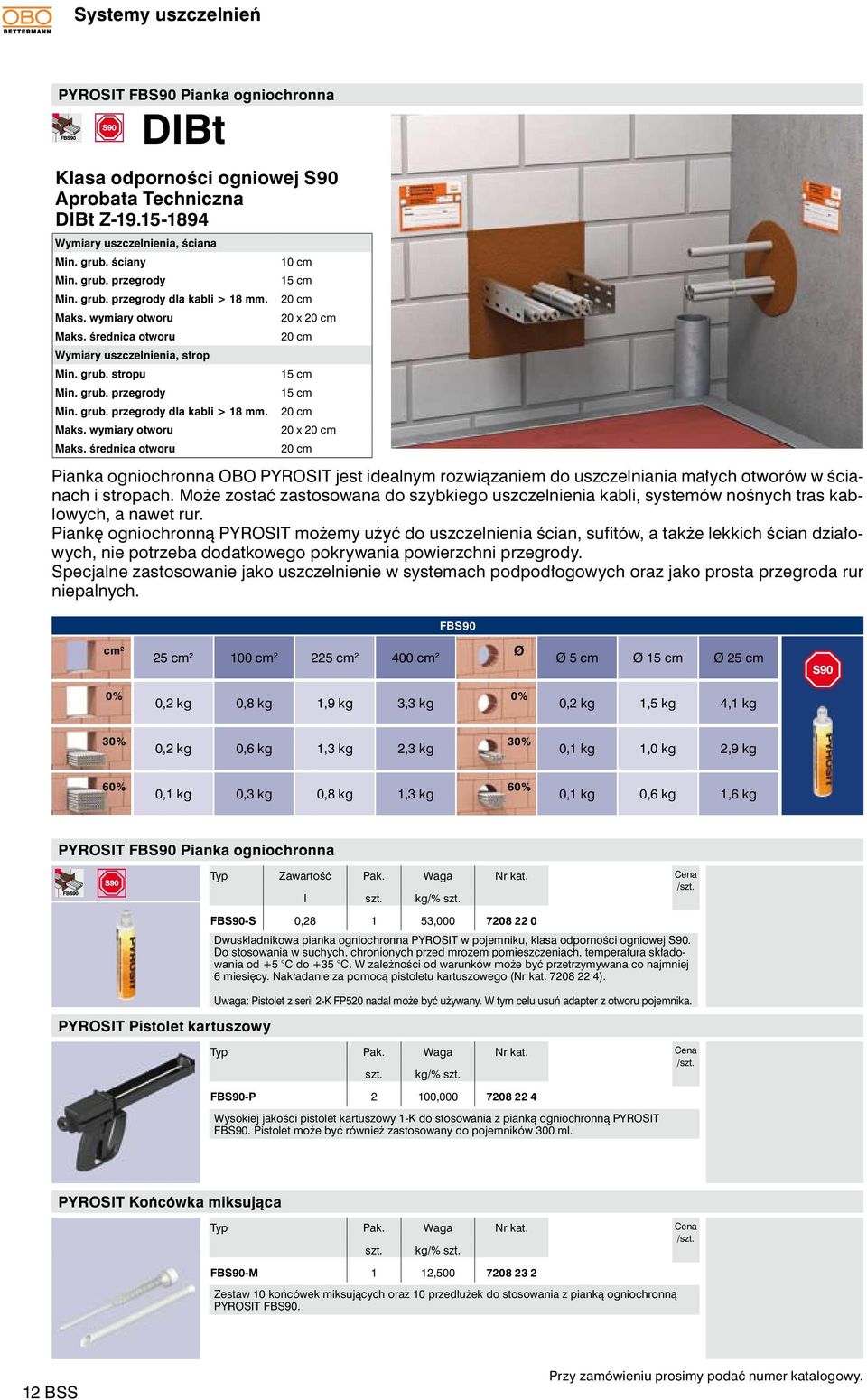 średnica otworu 0 cm cm 20 cm 20 x 20 cm 20 cm cm cm 20 cm 20 x 20 cm 20 cm Pianka ogniochronna OBO PYROSIT jest idealnym rozwiązaniem do uszczelniania małych otworów w ścianach i stropach.