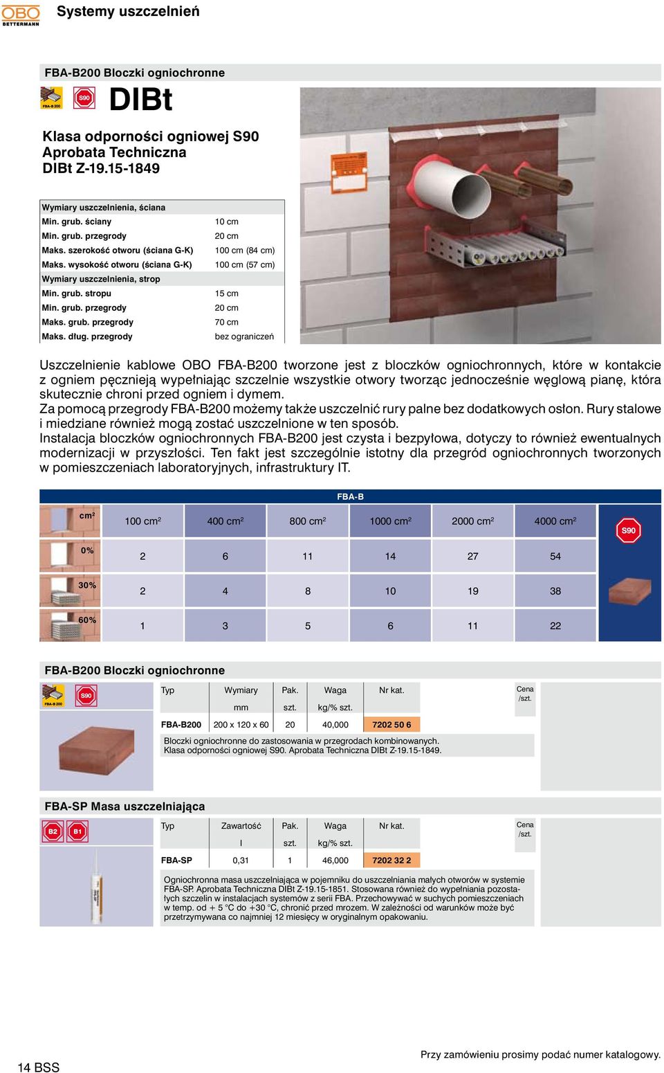 przegrody 0 cm 20 cm 00 cm (8 cm) 00 cm (7 cm) cm 20 cm 70 cm bez ograniczeń Uszczelnienie kablowe OBO FBA-B200 tworzone jest z bloczków ogniochronnych, które w kontakcie z ogniem pęcznieją