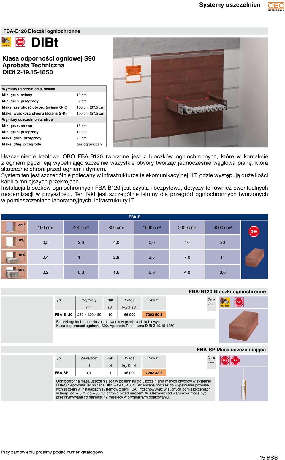 przegrody 0 cm 22 cm 00 cm (87, cm) 00 cm (7, cm) cm 2 cm 70 cm bez ograniczeń Uszczelnienie kablowe OBO FBA-B20 tworzone jest z bloczków ogniochronnych, które w kontakcie z ogniem pęcznieją