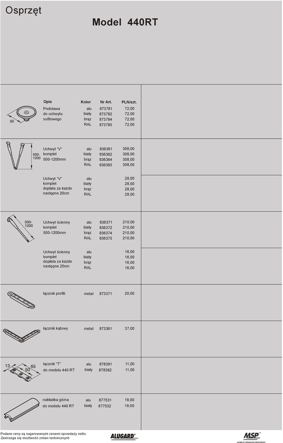 308,00 RAL 836365 308,00 Uchwyt V komplet dopłata za każde następne 20cm brąz RAL 28,00 28,00 28,00 28,00 Uchwyt ścienny komplet 500-1200mm 836371 210,00 836372