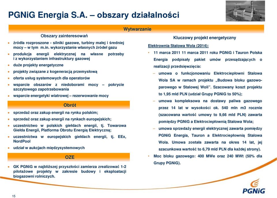 wykorzystanie własnych źródeł gazu produkcja energii elektrycznej na własne potrzeby i z wykorzystaniem infrastruktury gazowej duże projekty energetyczne Obszary zainteresowań projekty związane z