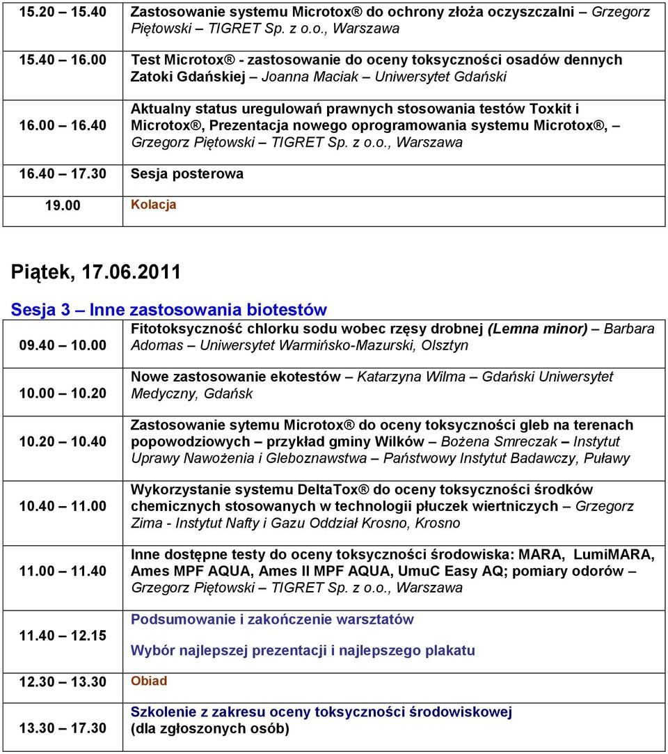 40 Aktualny status uregulowań prawnych stosowania testów Toxkit i Microtox, Prezentacja nowego oprogramowania systemu Microtox, Grzegorz Piętowski TIGRET Sp. z o.o., Warszawa 16.40 17.