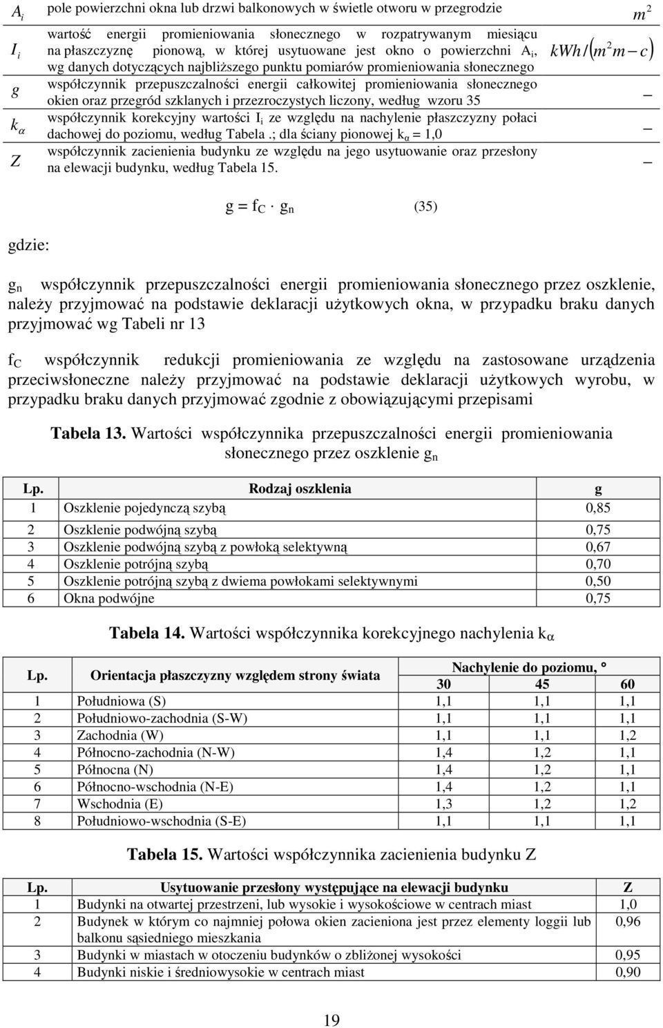okien oraz przegród szklanych i przezroczystych liczony, według wzoru 5 współczynnik korekcyjny wartości I i ze względu na nachylenie płaszczyzny połaci dachowej do poziomu, według Tabela.