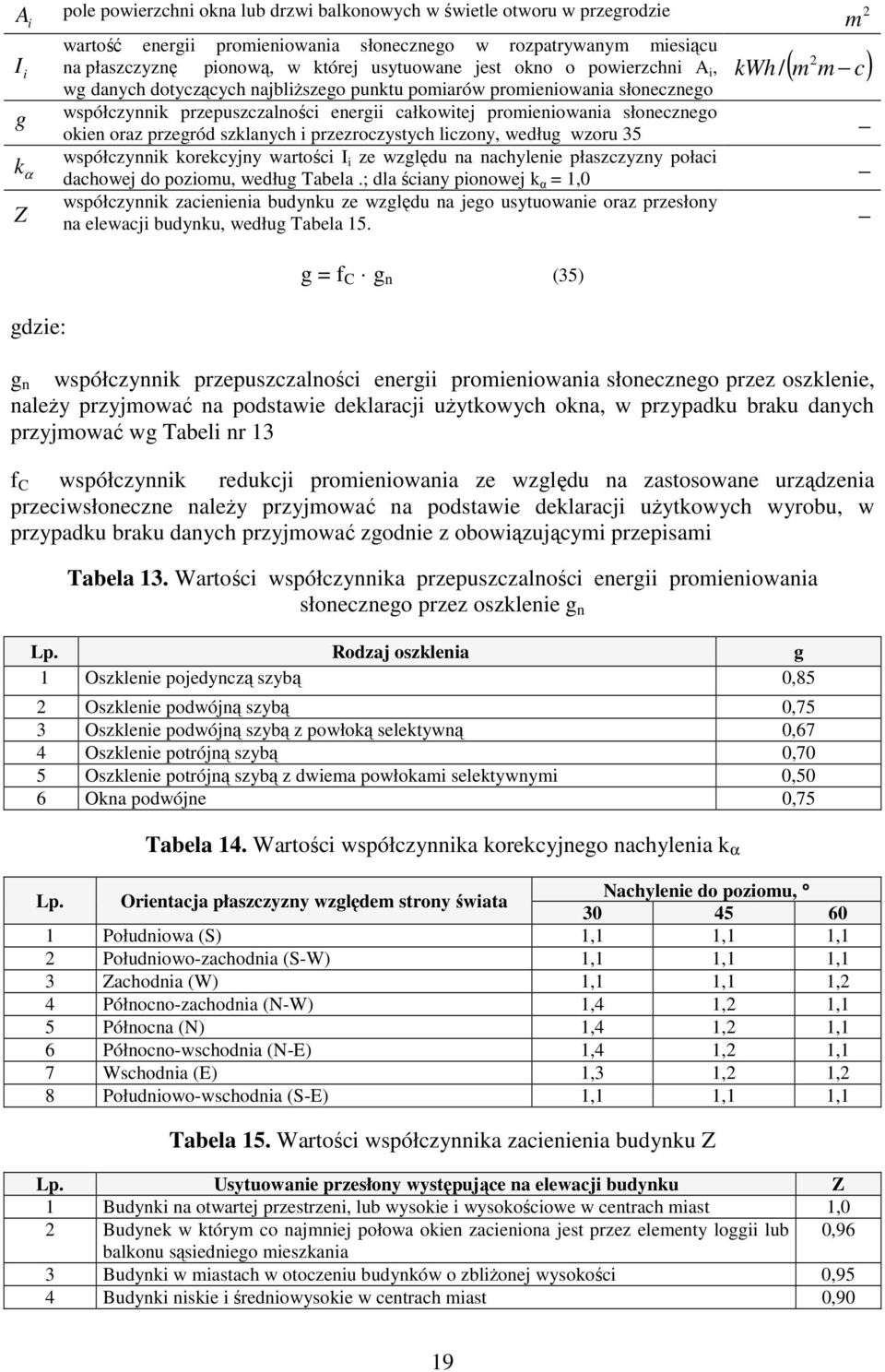 okien oraz przegród szklanych i przezroczystych liczony, według wzoru 5 współczynnik korekcyjny wartości I i ze względu na nachylenie płaszczyzny połaci dachowej do poziomu, według Tabela.