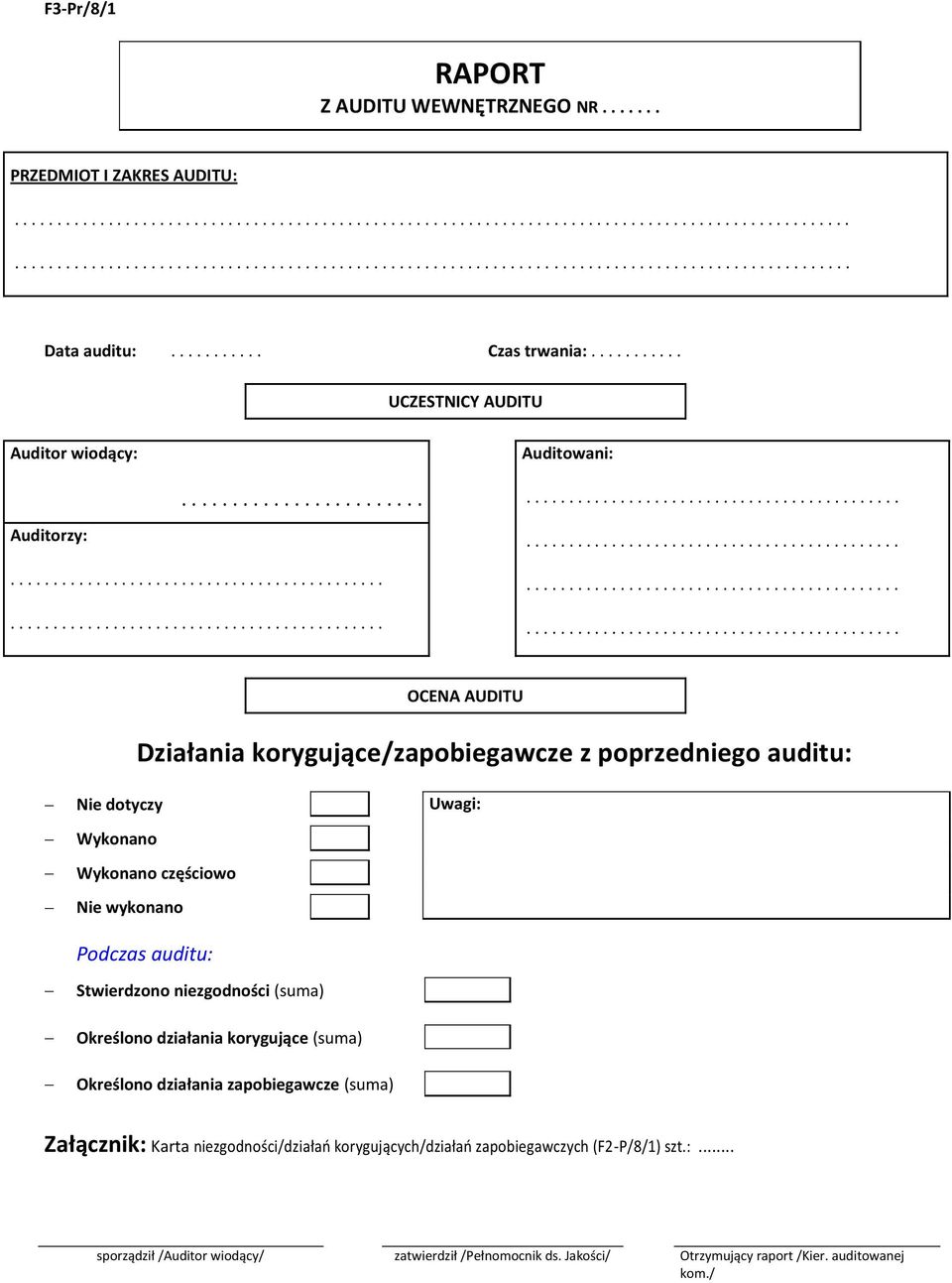 ....................... Auditorzy: OCENA AUDITU Działania korygujące/zapobiegawcze z poprzedniego auditu: Nie dotyczy Uwagi: Wykonano Wykonano częściowo Nie wykonano