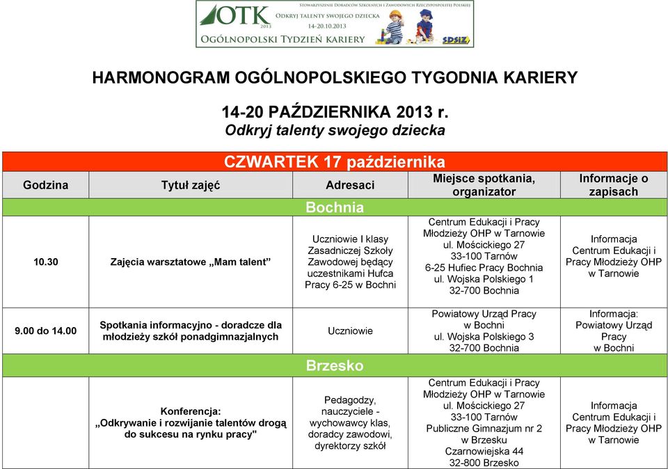 Mościckiego 27 33-100 Tarnów 6-25 Hufiec Pracy Bochnia ul. Wojska Polskiego 1 32-700 Bochnia Informacje o zapisach Centrum Edukacji i Pracy Młodzieży OHP 9.00 do 14.