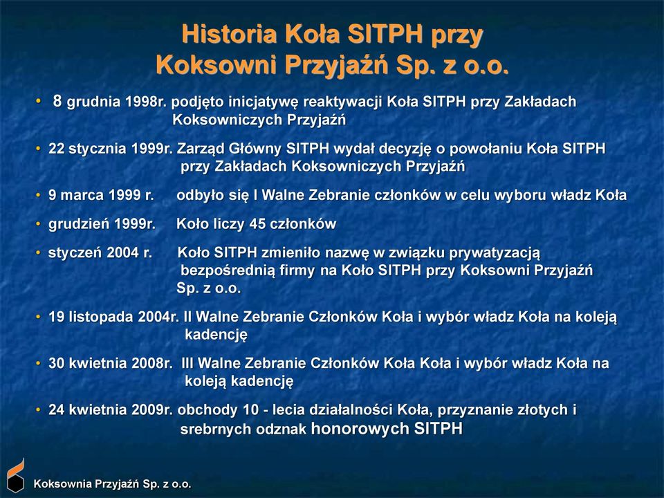 odbyło się I Walne Zebranie członków w celu wyboru władz Koła Koło liczy 45 członków Koło SITPH zmieniło nazwę w związku prywatyzacją bezpośrednią firmy na Koło SITPH przy Koksowni Przyjaźń Sp. z o.o. 19 listopada 2004r.