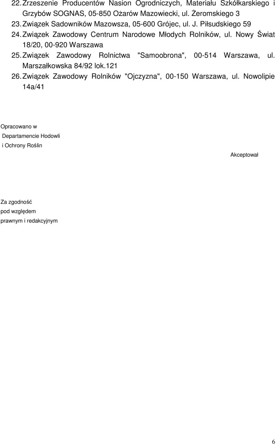 Nowy Świat 18/20, 00-920 Warszawa 25. Związek Zawodowy Rolnictwa "Samoobrona", 00-514 Warszawa, ul. Marszałkowska 84/92 lok.121 26.