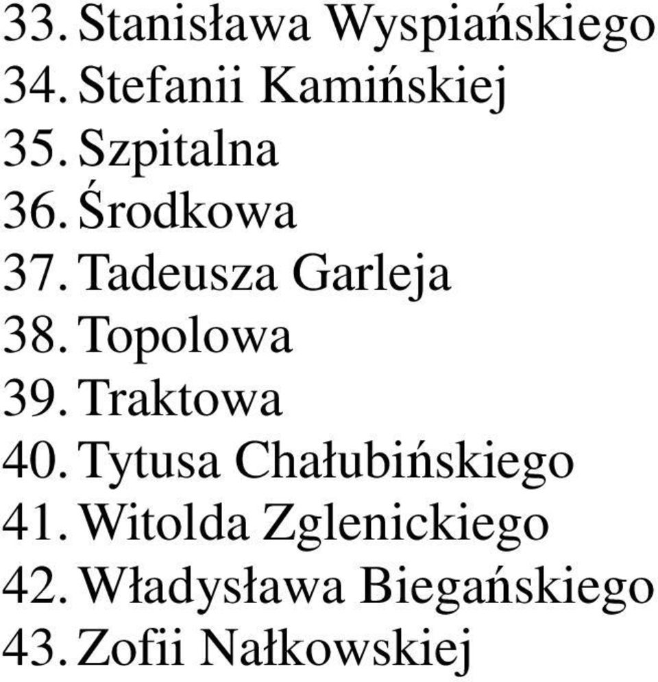 Topolowa 39. Traktowa 40. Tytusa Chałubińskiego 41.